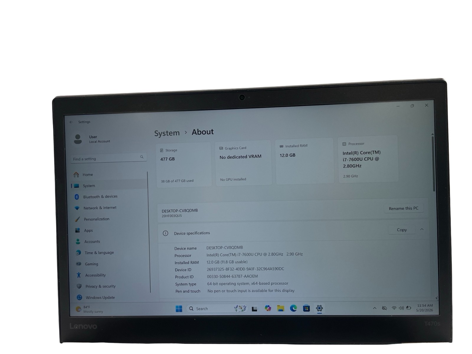 Lenovo ThinkPad T470s 14″ i7-7600U@2.80GHz 12GB RAM 500GB NVMe Win.11 Pro-No AC