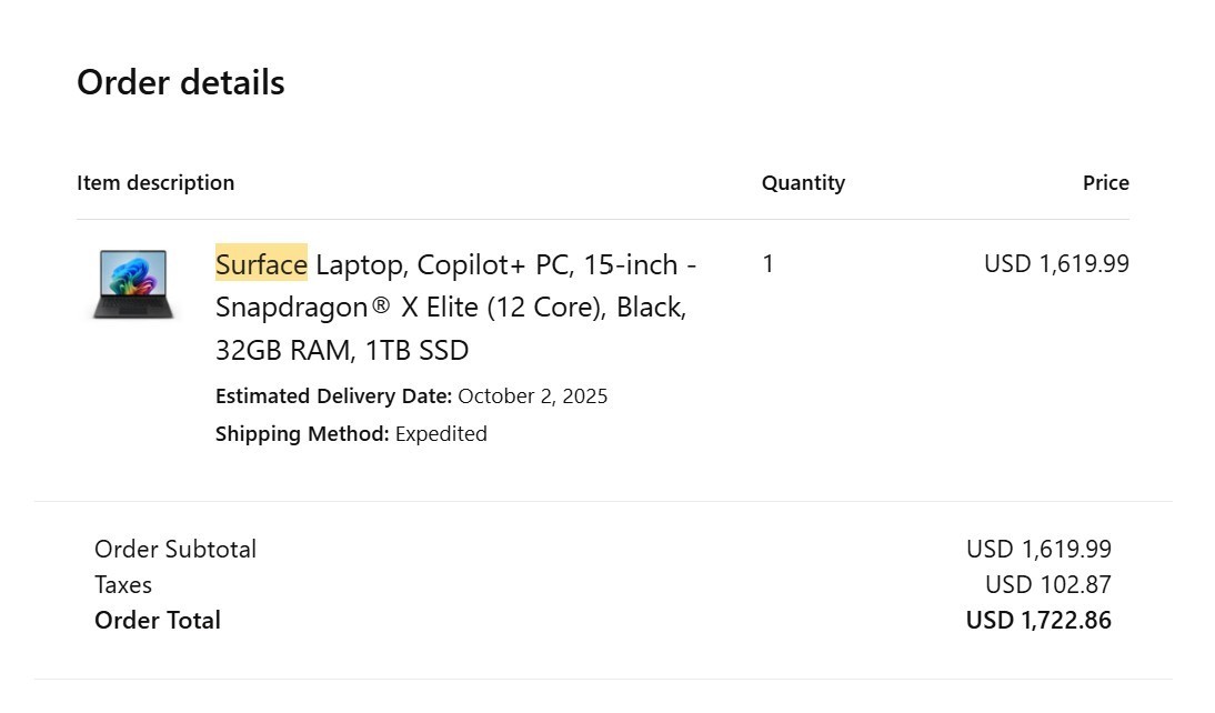 Surface Laptop – 15-inch – Black, 32GB RAM, 1TB SSD – Snapdragon Elite (12 Core)