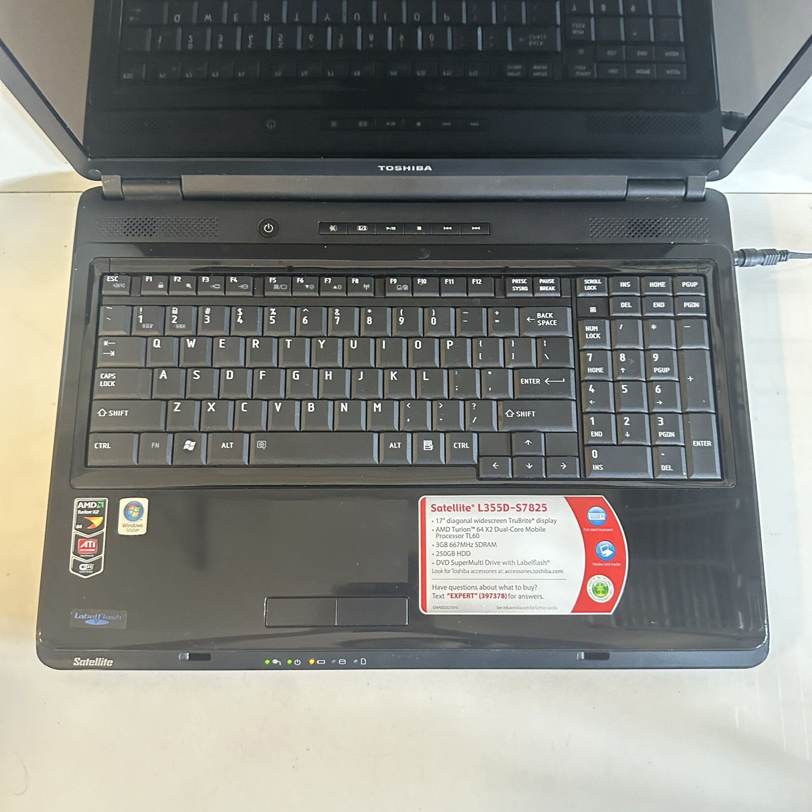 17.1” Toshiba Satellite L355D-S7825 Laptop Scraps/Salvage