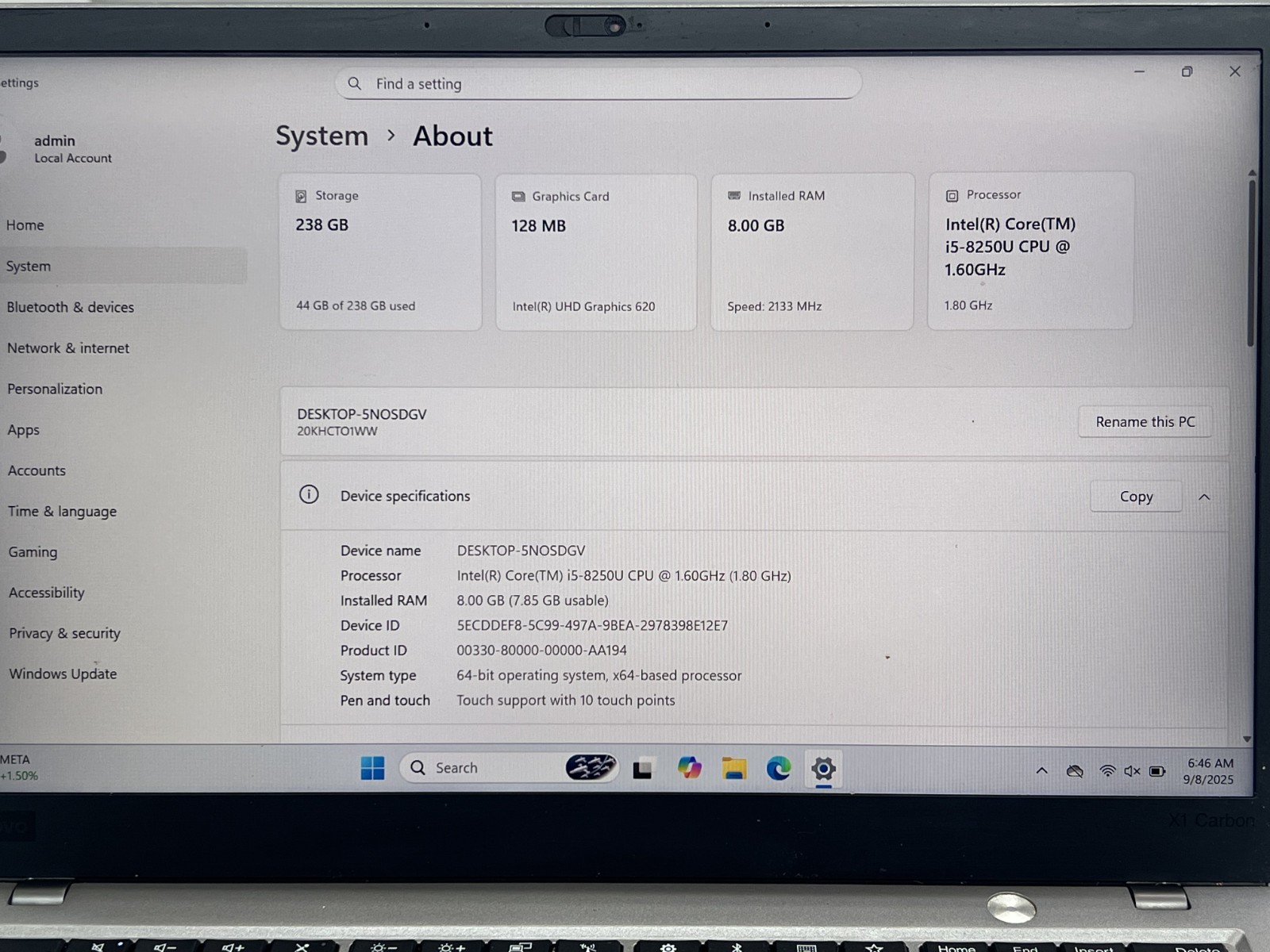 LENOVO THINKPAD X1 CARBON GEN 6 i5-8250U@1.6GHz 8GB RAM 256GB NVMe W11P TOUCH AC