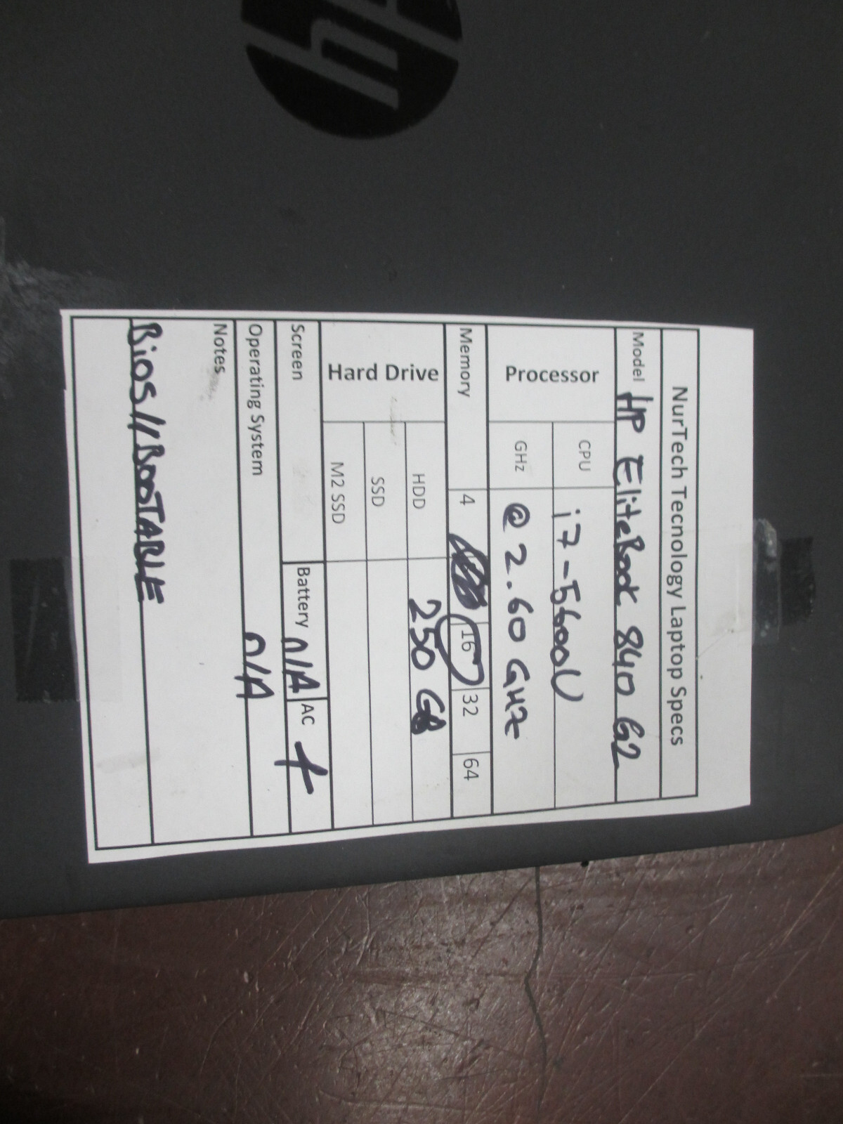 HP EliteBook 840 G2 i7-5600U 2.60GHz 16GB 250GB Laptop +AC/BIOS [No OS/BATTERY