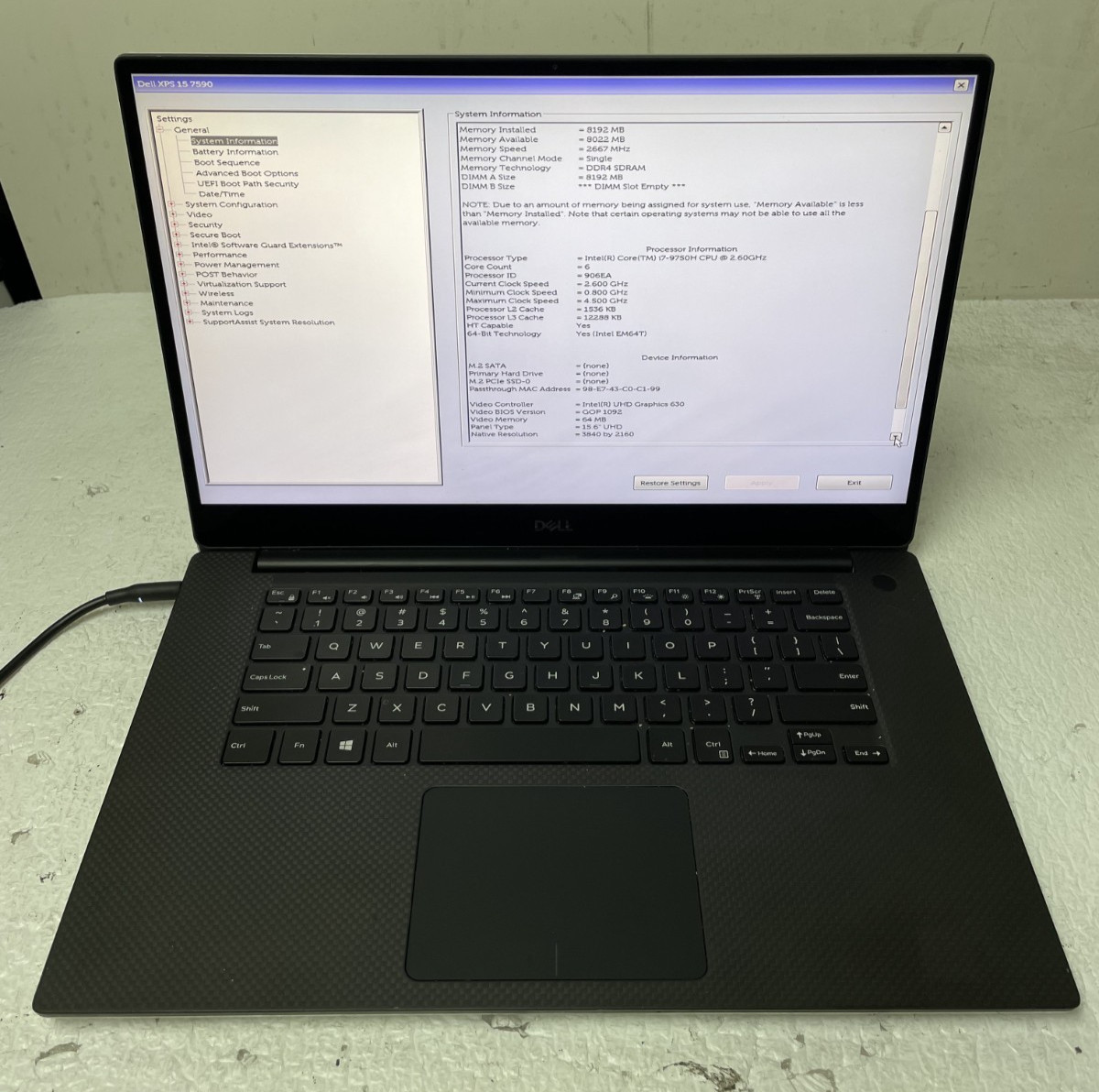 Dell XPS 15 7590 15.6″ Intel i7-9750H @2.60GHz 8GB RAM NO SSD For Parts *READ*