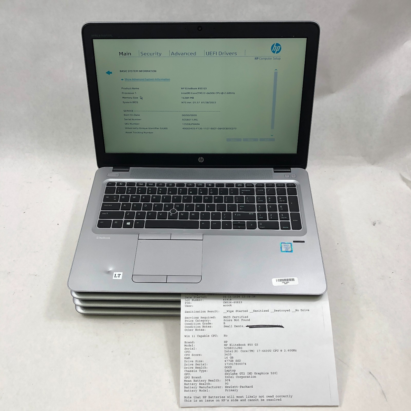 Lot of 6 HP EliteBook 850 G3/G4 Intel Core i5/i7 6th/7th Gen Mixed Specs READ