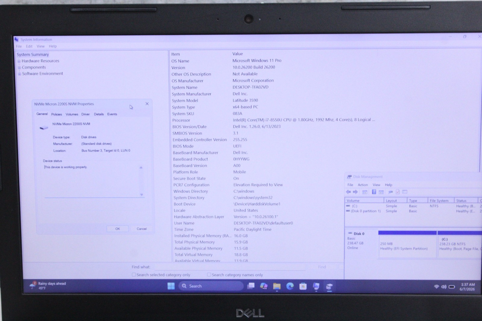 Dell Latitude 3590 | i7-8550U, 16GB 256GB NVMe, Grade C, Win11P, Please Read!