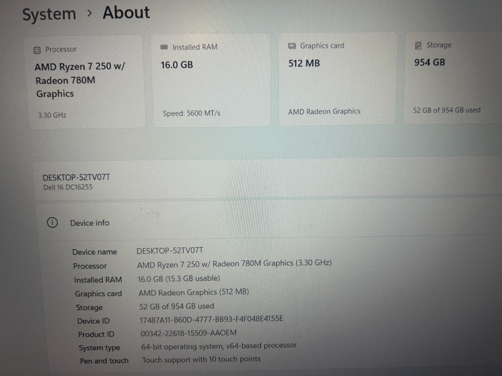 DELL 16 DC16255 WRC27, AMD Ryzen 7 250, 3.30 GHz, 16 GB RAM, 1 TB NVMe SSD