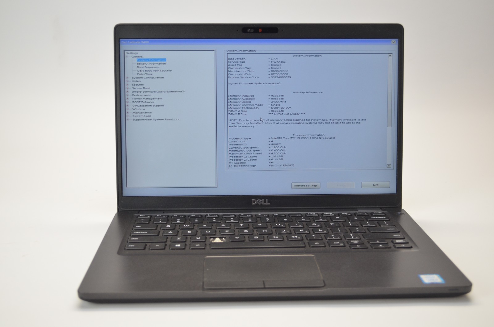 Dell Latitude 5400 Core i5-8365U 1.60GHz 8GB RAM No HDD/OS PARTS READ