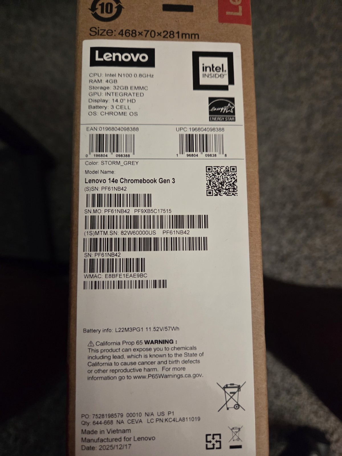 Lenovo 14e Chromebook Gen 3 – 14″ – Intel Serie N – N100 – 4 GB de RAM – 32 GB