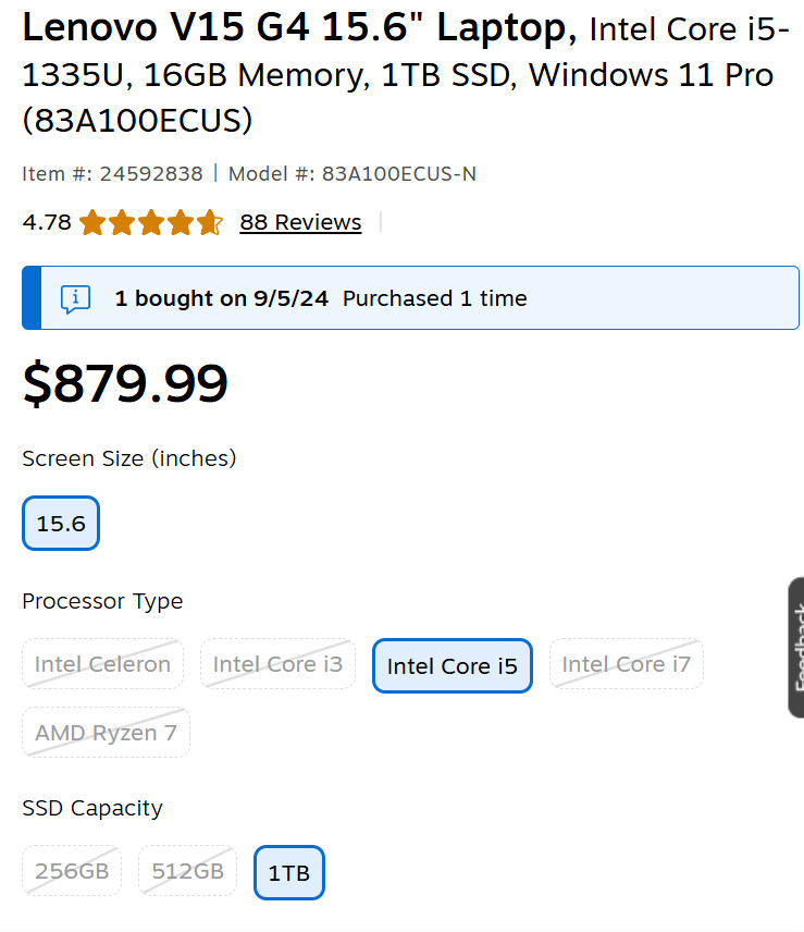 Lenovo V15 G4 15.6″ Laptop, Intel Core i5-1335U, 16GB Memory, 1TB SSD, Windows 1