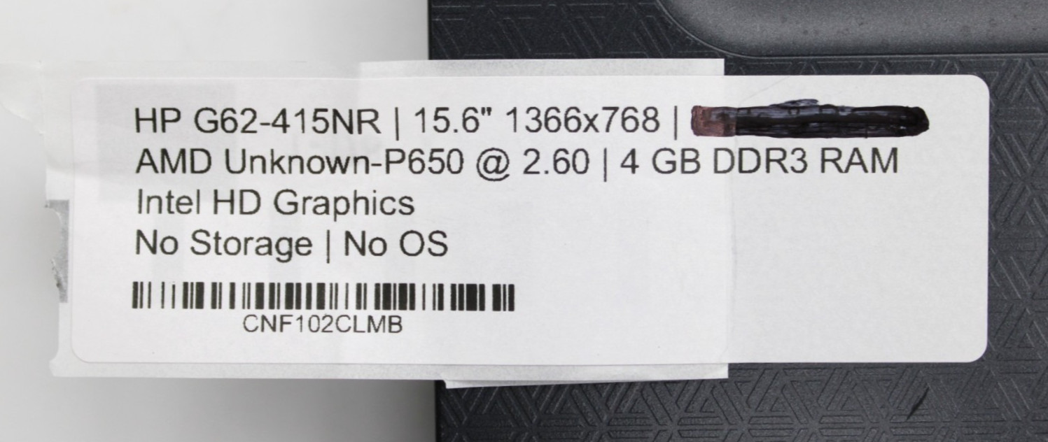 HP G62-415NR AMD-P650@2.60GHz 4GB DDR3 NO STORAGE OR OS *USED/TESTED*