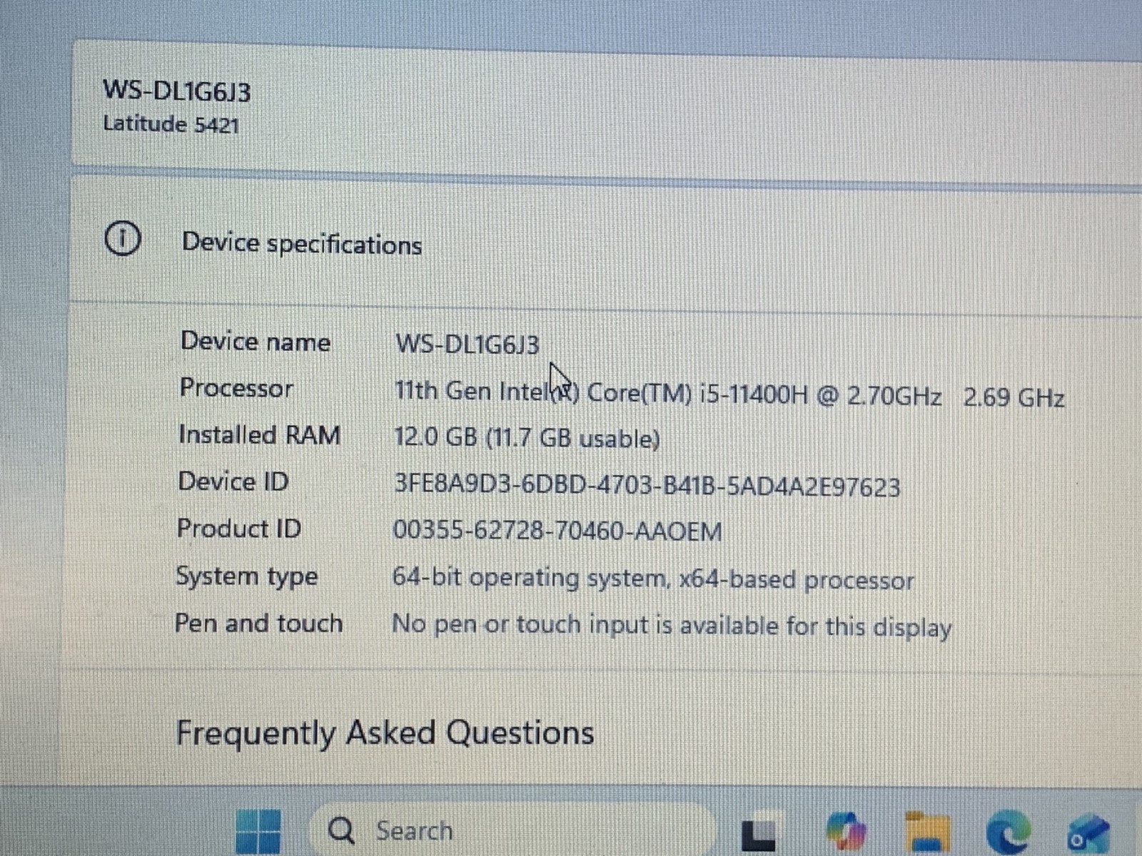 DELL LATITUDE 5421 i5-11400H@ 2.70GHz 12GB RAM 256GB NVMe W11P W/AC *READ