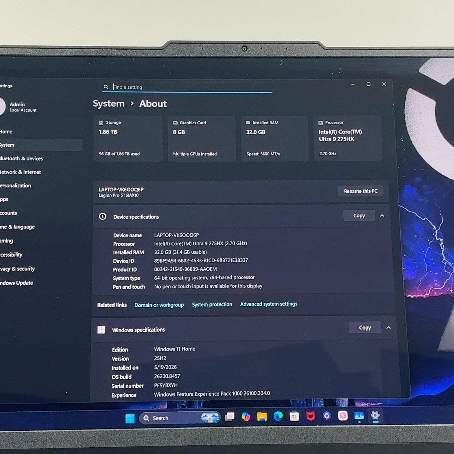 Lenovo Legion Pro 5 Core Ultra 9 275HX 2.7GHz 32GB RAM 2TB SSD GeForce RTX 5070
