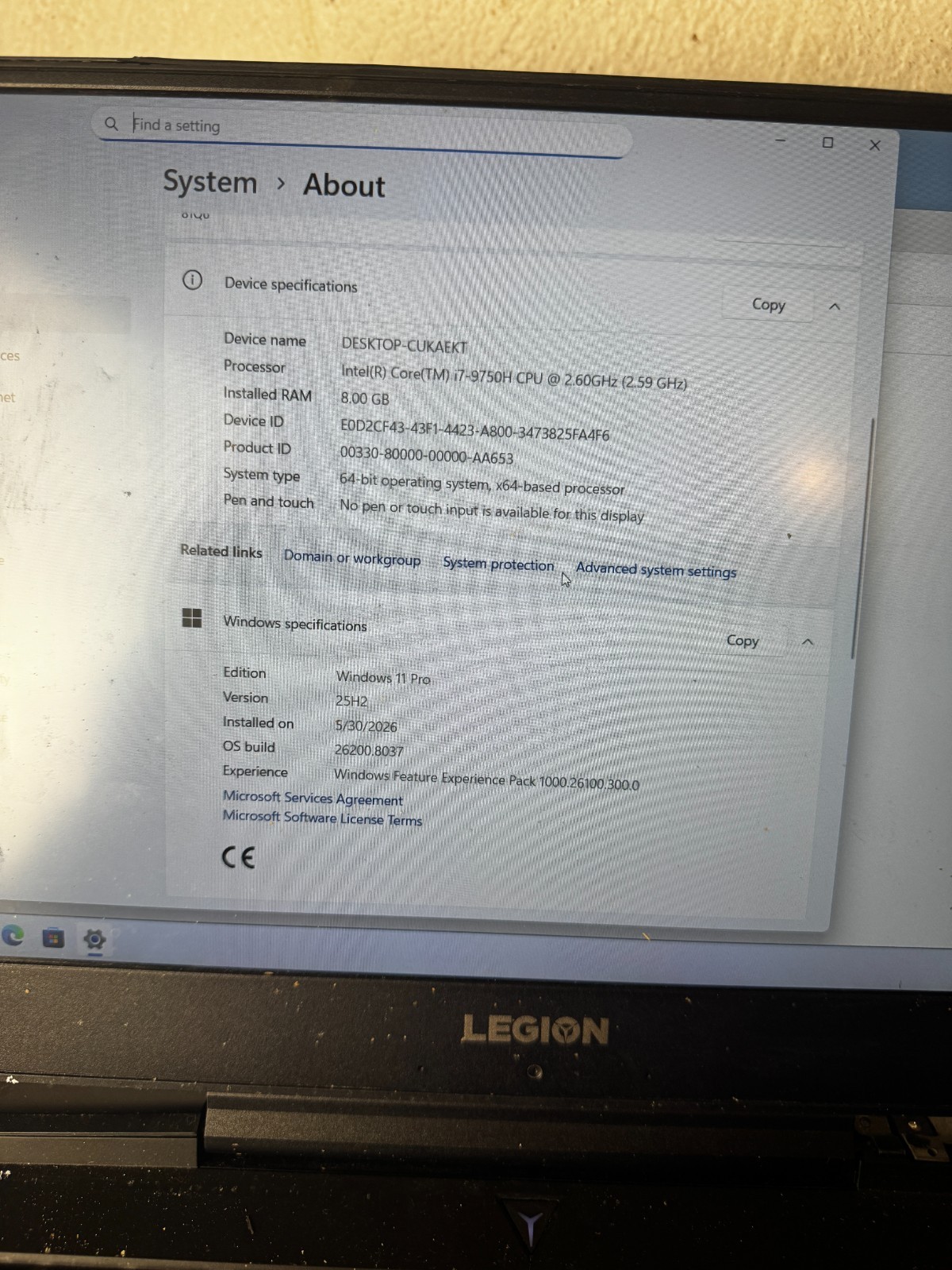 Lenovo Legion 81Q6 Core i7-9750H, 8GB RAM 256GB SSD GTX 1660TI Win11 *READ #5952