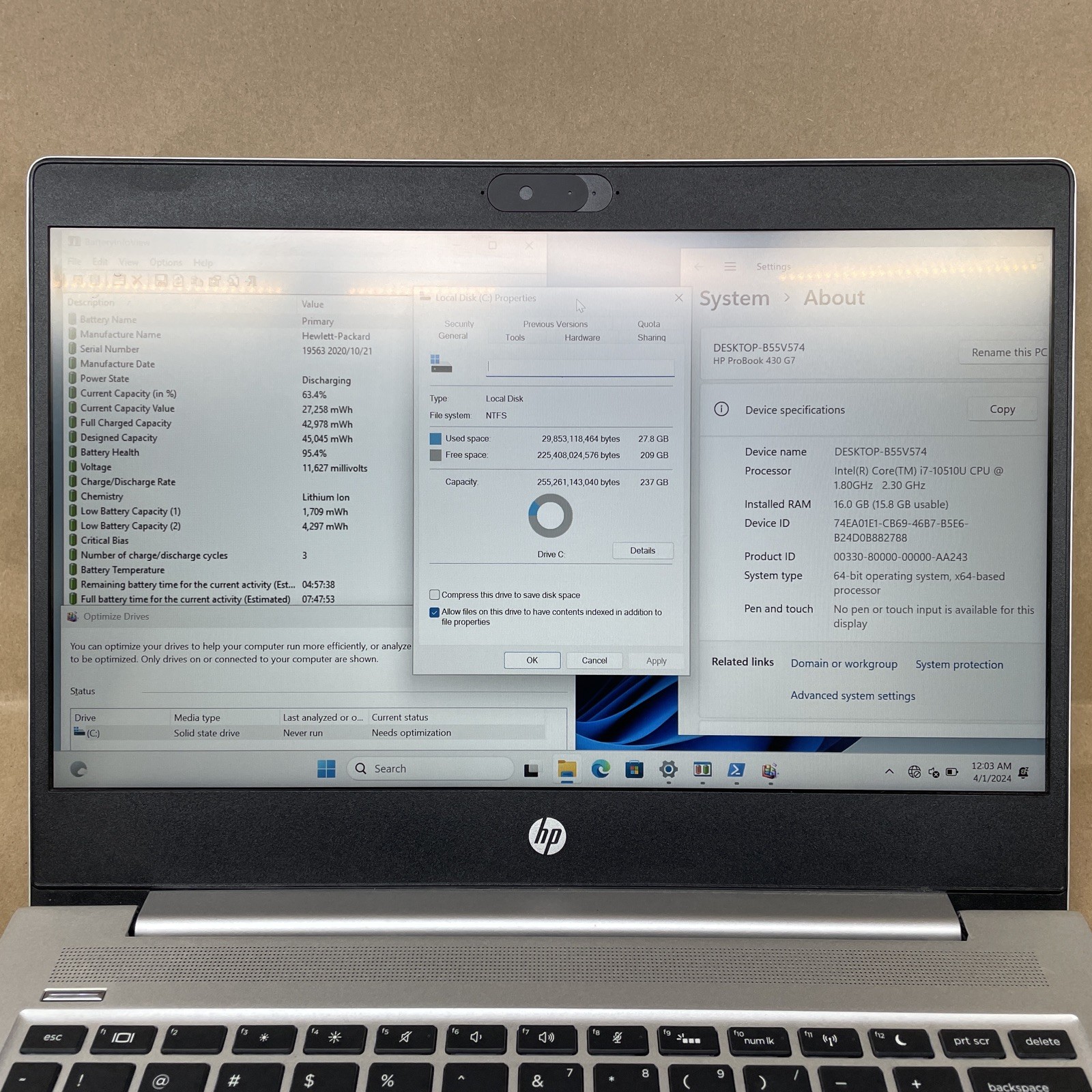 HP ProBook 430 G7 13.3″ i7-10510U @1.8GHz 16GB RAM 256GB SSD Win 11 Pro