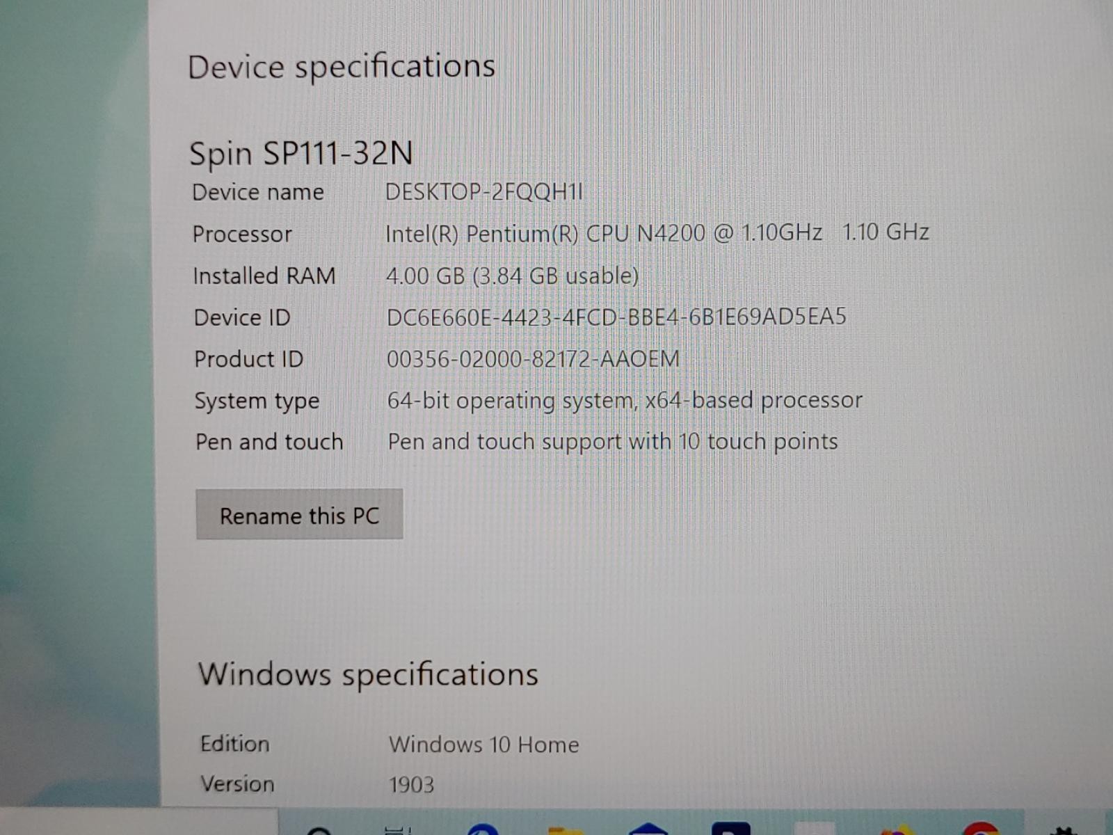 Acer Spin 1 SP111-32N 11.6″ Touch Intel Pentium N4200 4GB 64GB SSD Win10 *NO A/C