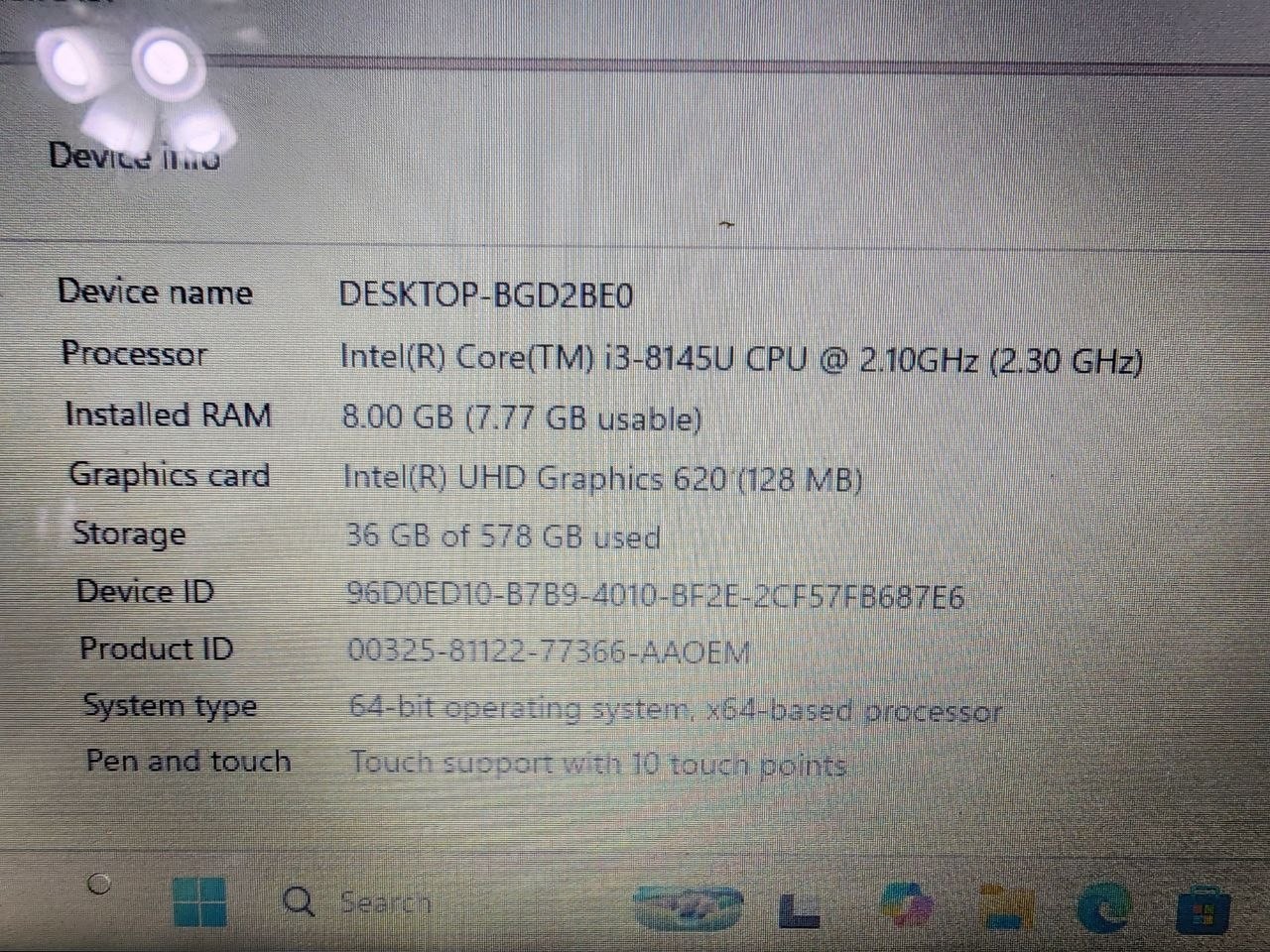 Dell Inspiron 5481 Laptop i3 8145U 2.1GHz 8GB 500GB HDD Win11 Touch Screen DMG