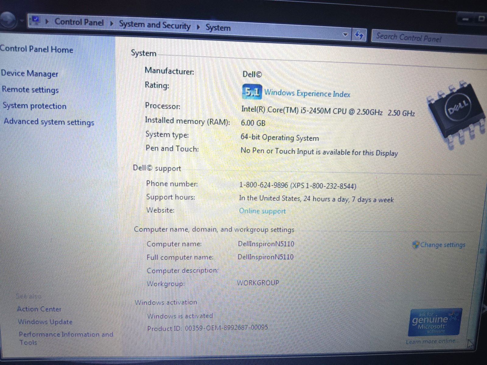 Dell Inspiron N5110/Core i5-2450M 2.50ghz/6gb/128gbSSD/Windows 7 Home/Web/BT/15.