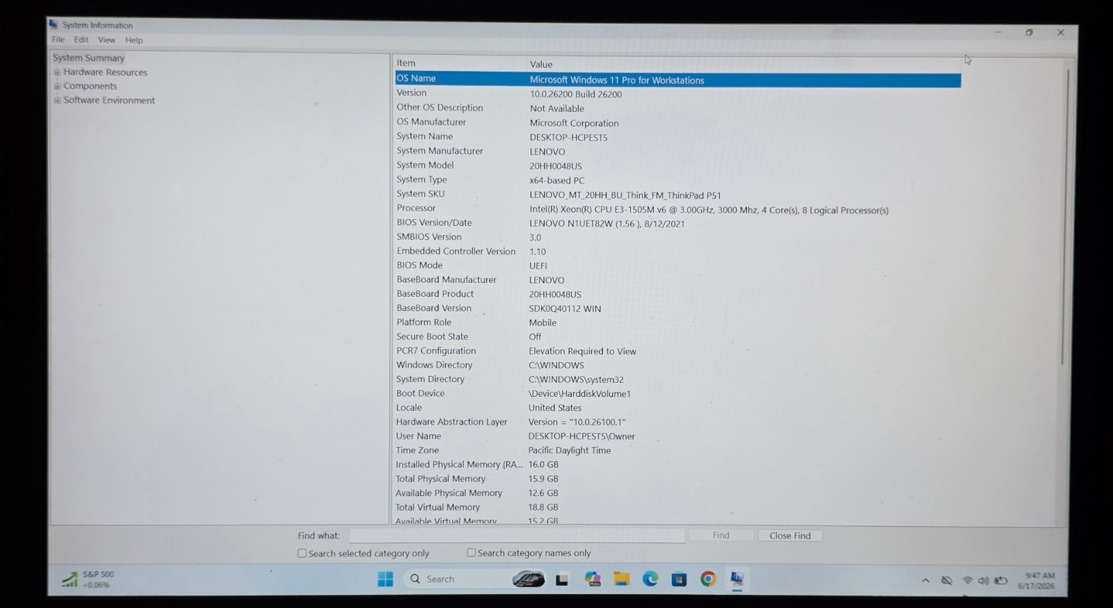 Lenovo P51 Xeon E3-1505M v6@3Ghz 16GB RAM 512GB NVMe WIN 11 PRO – NO CHARGER