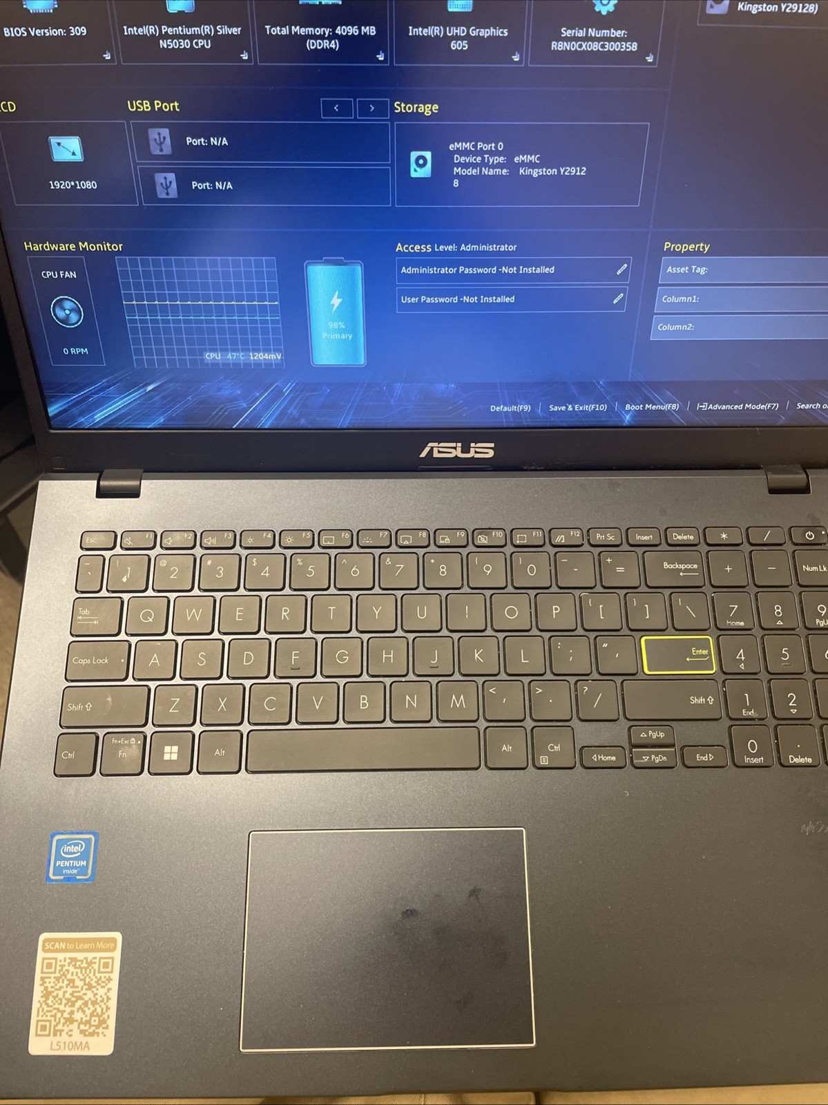 ASUS L510M 15.6” FHD Laptop Pentium Silver N5030 4GB RAM 128GB eMMC Win 11