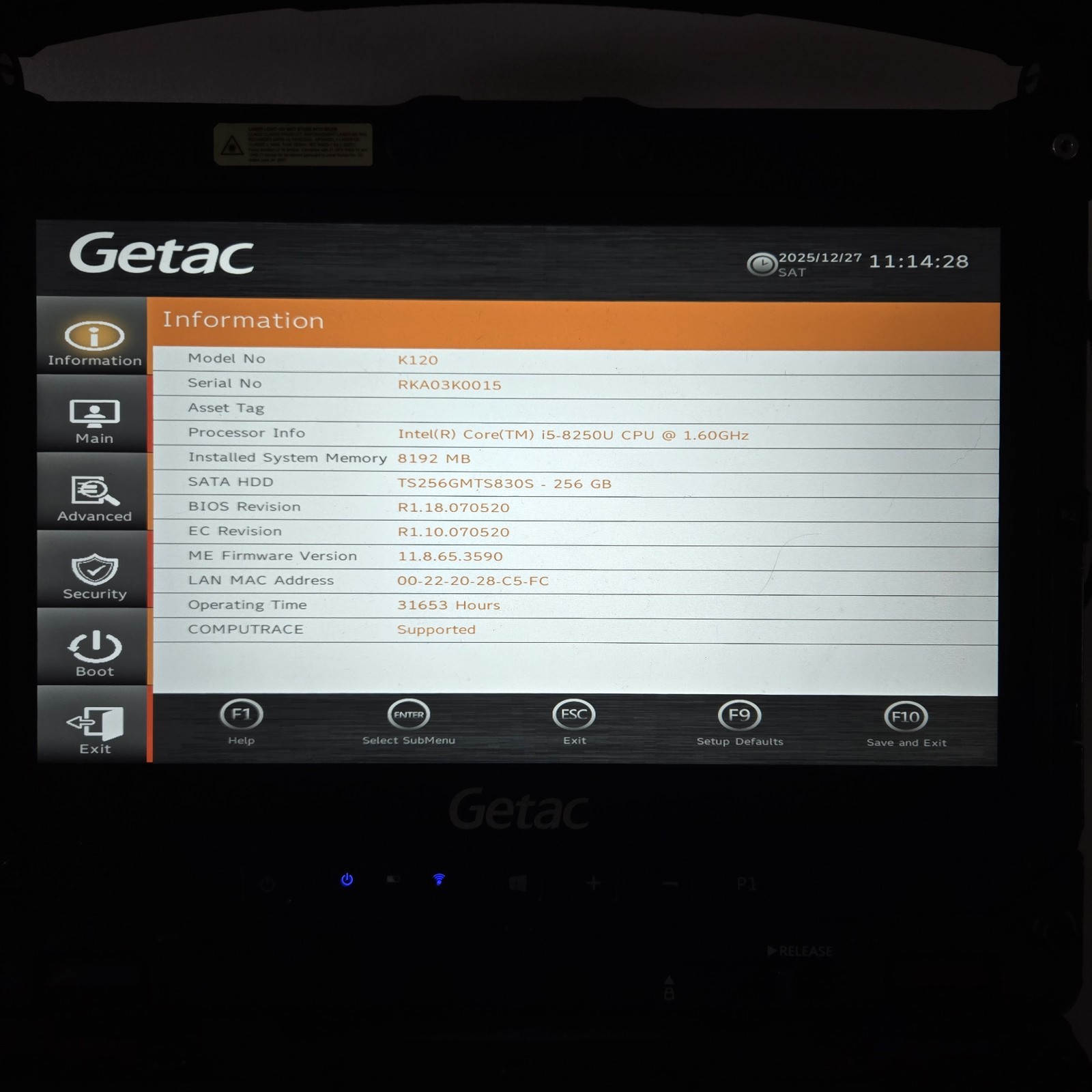 Getac K120 Toughbook i5-8250U 1.60GHz 256GB SSD 8GB Ram – GPS – 4G – W11 – READ