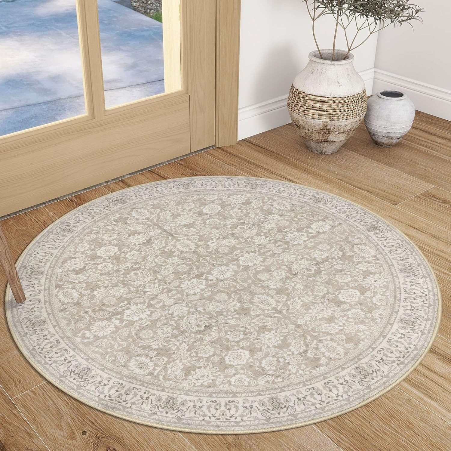 3′ round Rug Washable Rug for Entryway, Cream Beige Yellow White Grey Soft Non-S