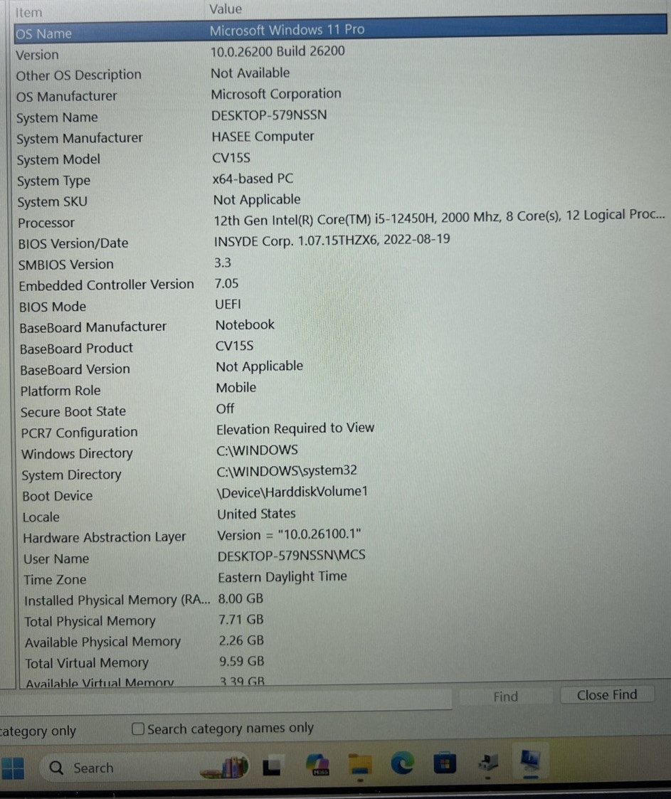 Hasee CV15Slaptop 15″FHD i5-12450H@2.0Ghz 8GB RAM 256GB SSD Win11 NVIDIA RTX3050