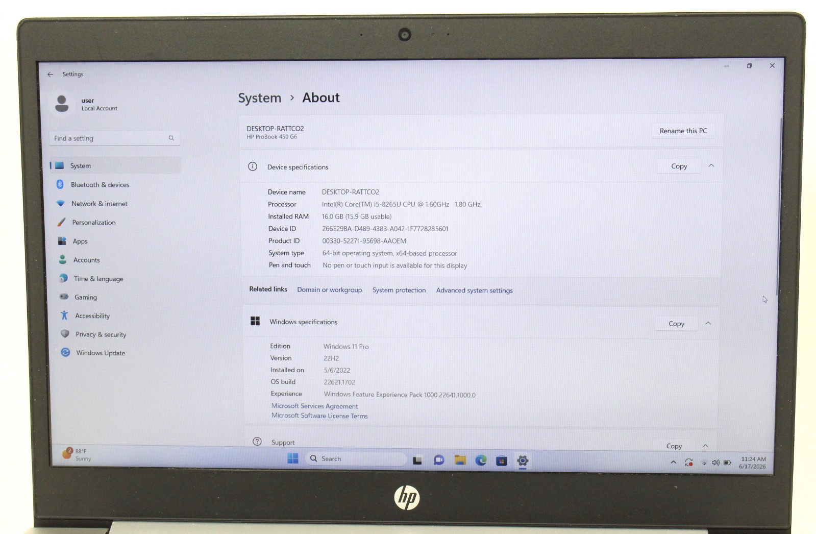 HP Probook 450 G6 15.6″ 256GB SSD 16GB RAM Win 11 Pro 1.6GHz i5-8265U; 6185635