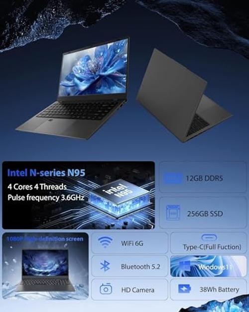 Laptop Computer, 15.6″ FHD IPS Display, N95 Processor (Beat N5095), 12GB 256 GB