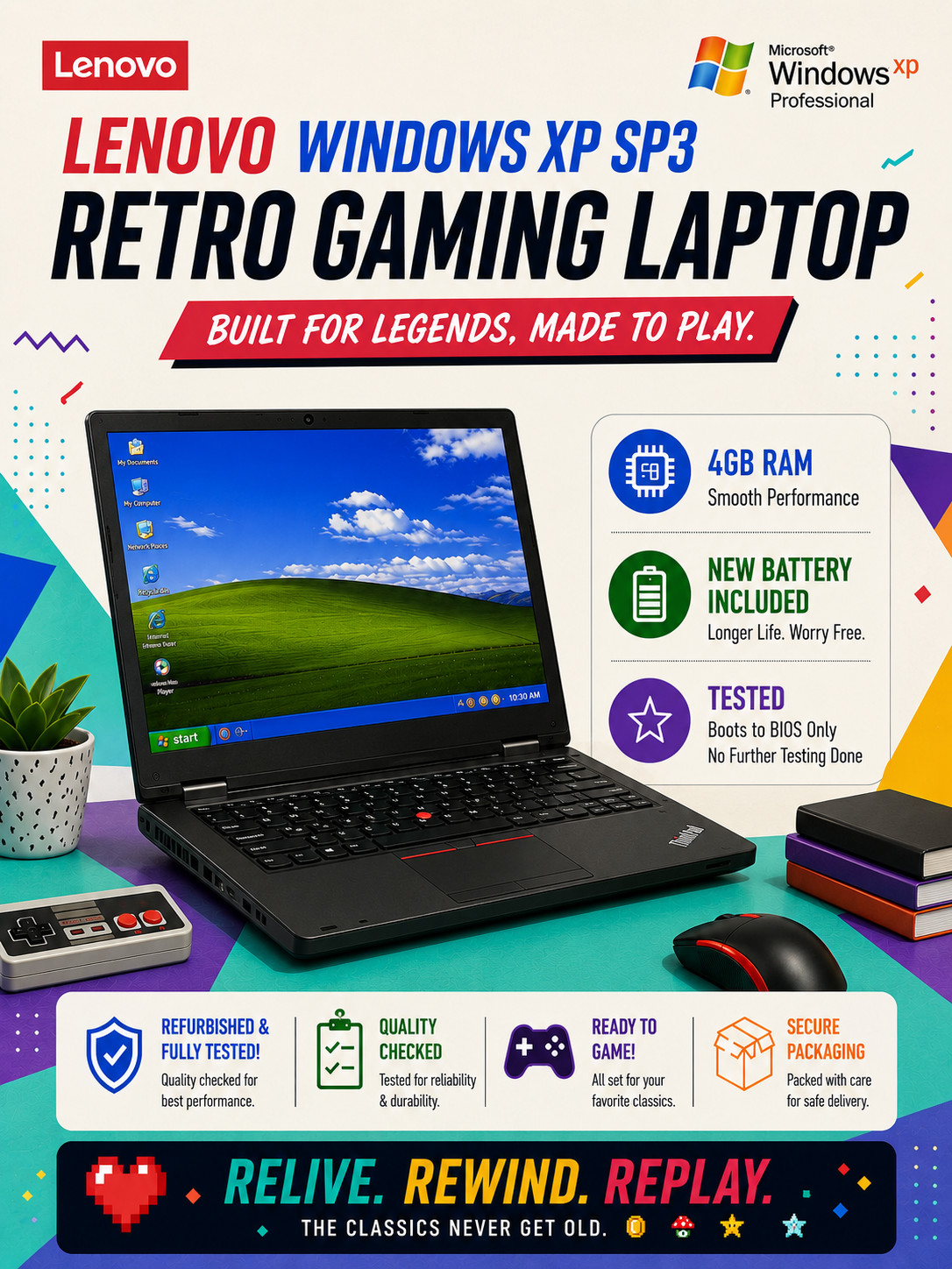 Lenovo Windows XP Retro Laptop | Custom Legacy PC Gaming Build | With New Batt