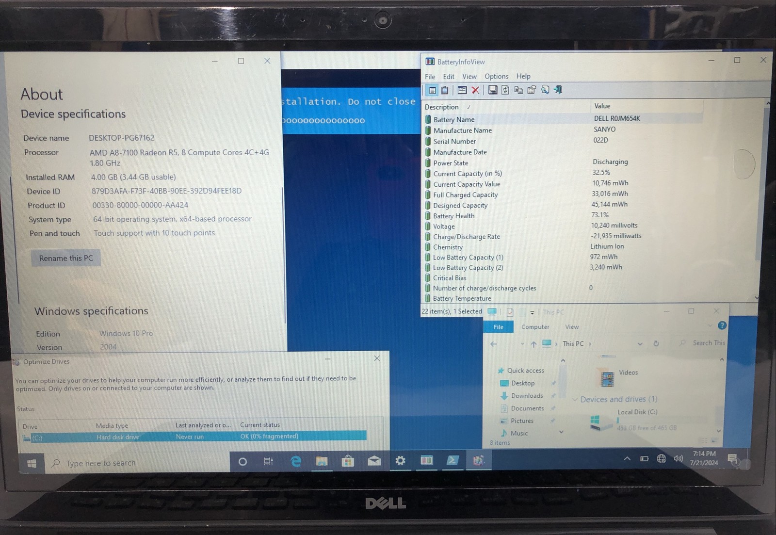 Dell Inspiron 15, AMD A8-7100 Radeon R5 @1.80GHz, 4GB RAM, 500GB HDD, Windows 10