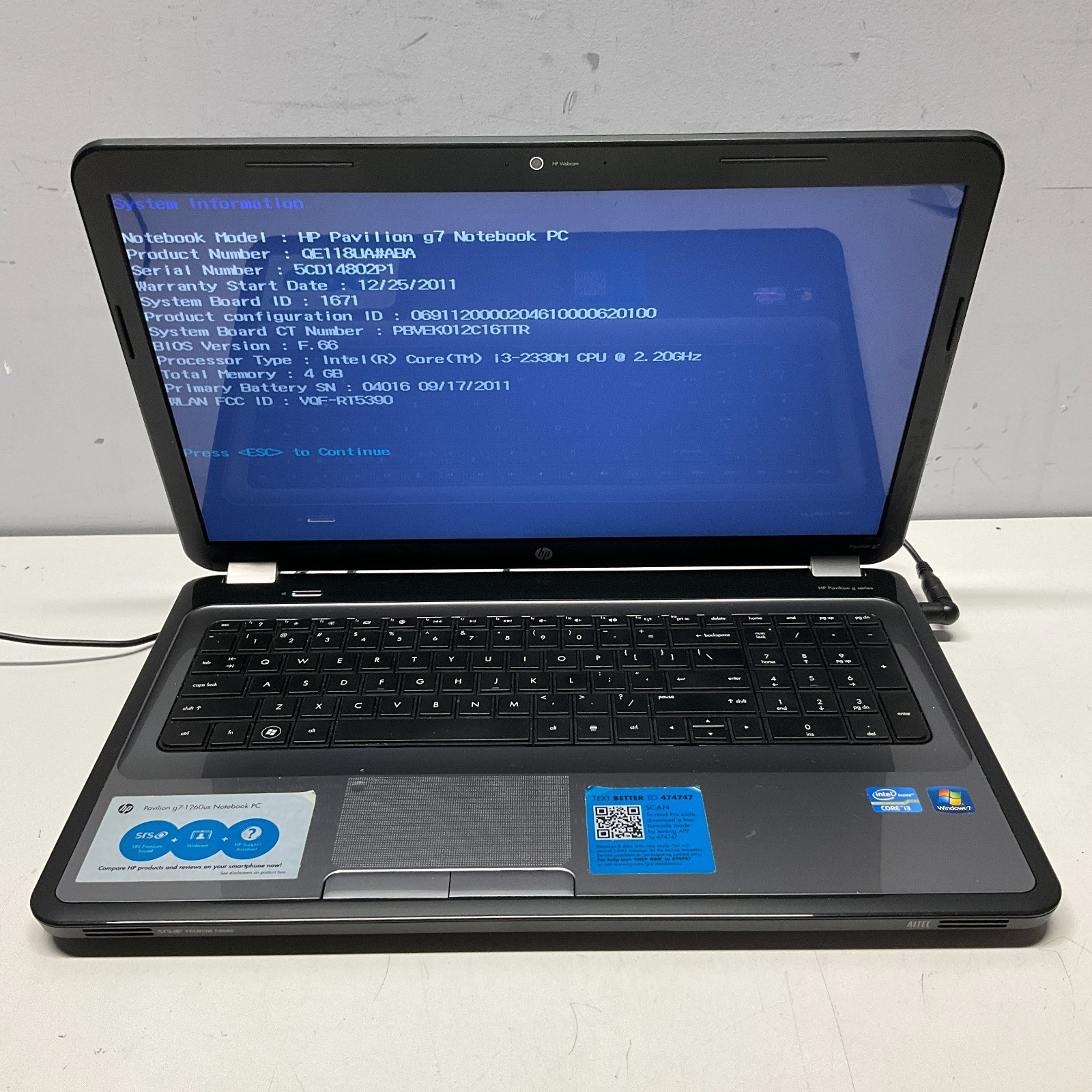 HP Pavilion g7 Laptop Intel Core i3-2330M @ 2.20 GHz 4GB NO HDD NO OS Laptop