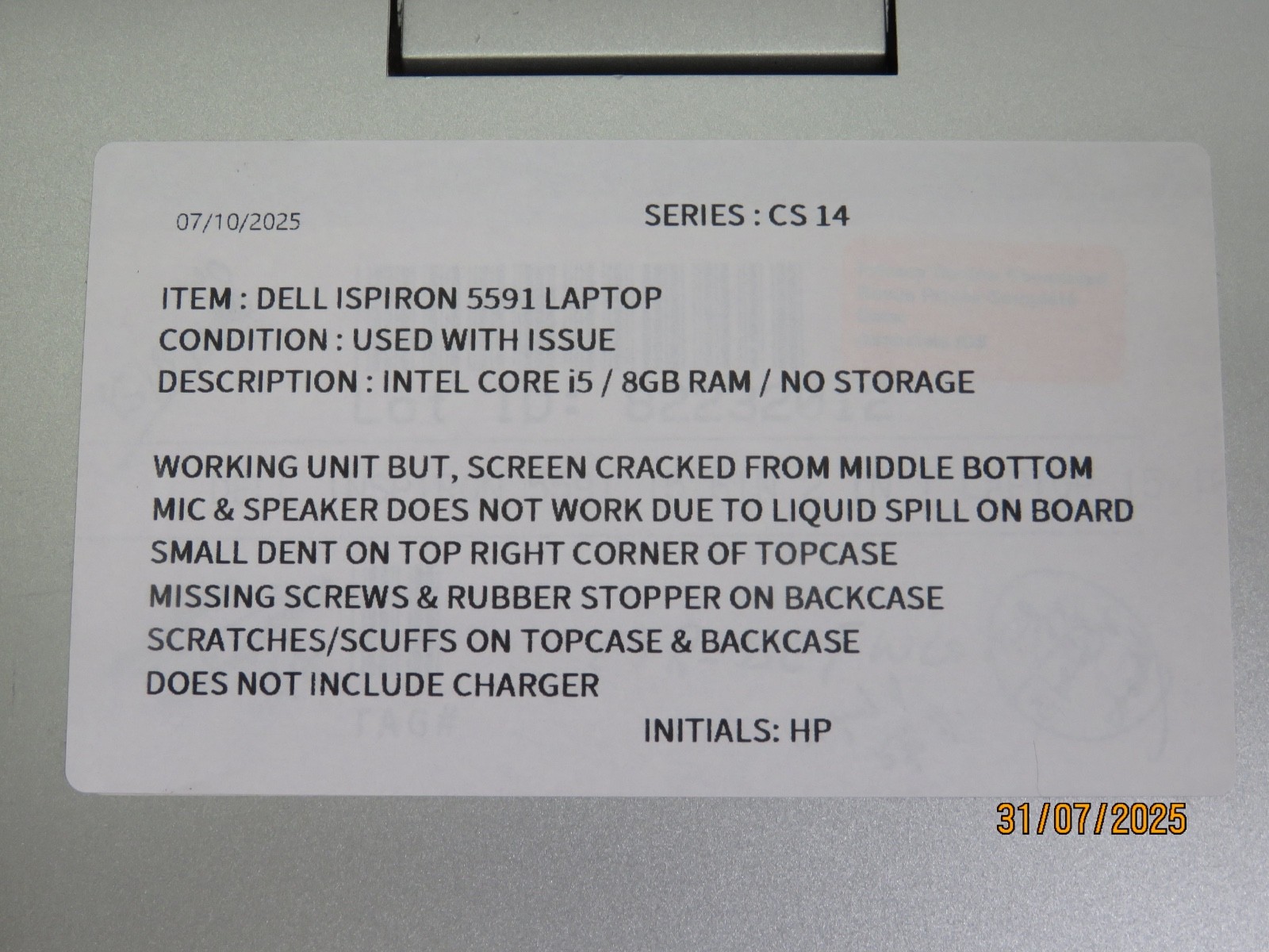 DELL INSPIRON 5591 LAPTOP INTEL CORE I5 8GB RAM NO STORAGE [CS14]