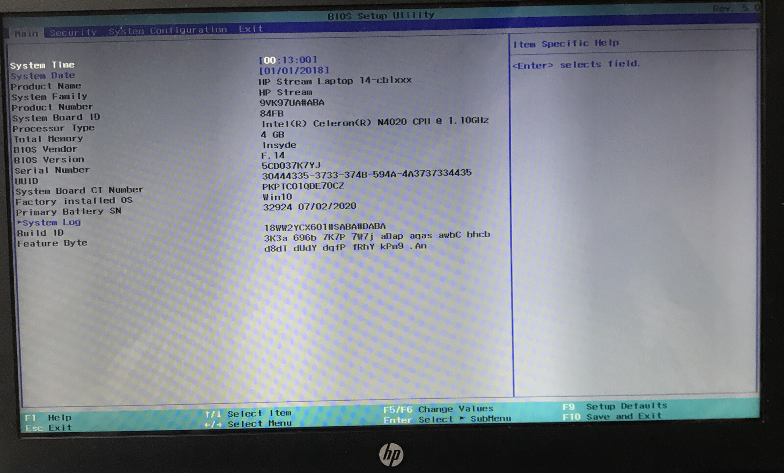 HP Stream 14-cb171wm Intel Celeron N4020 1.10 GHz 4 GB No HDD Boot to BIOS
