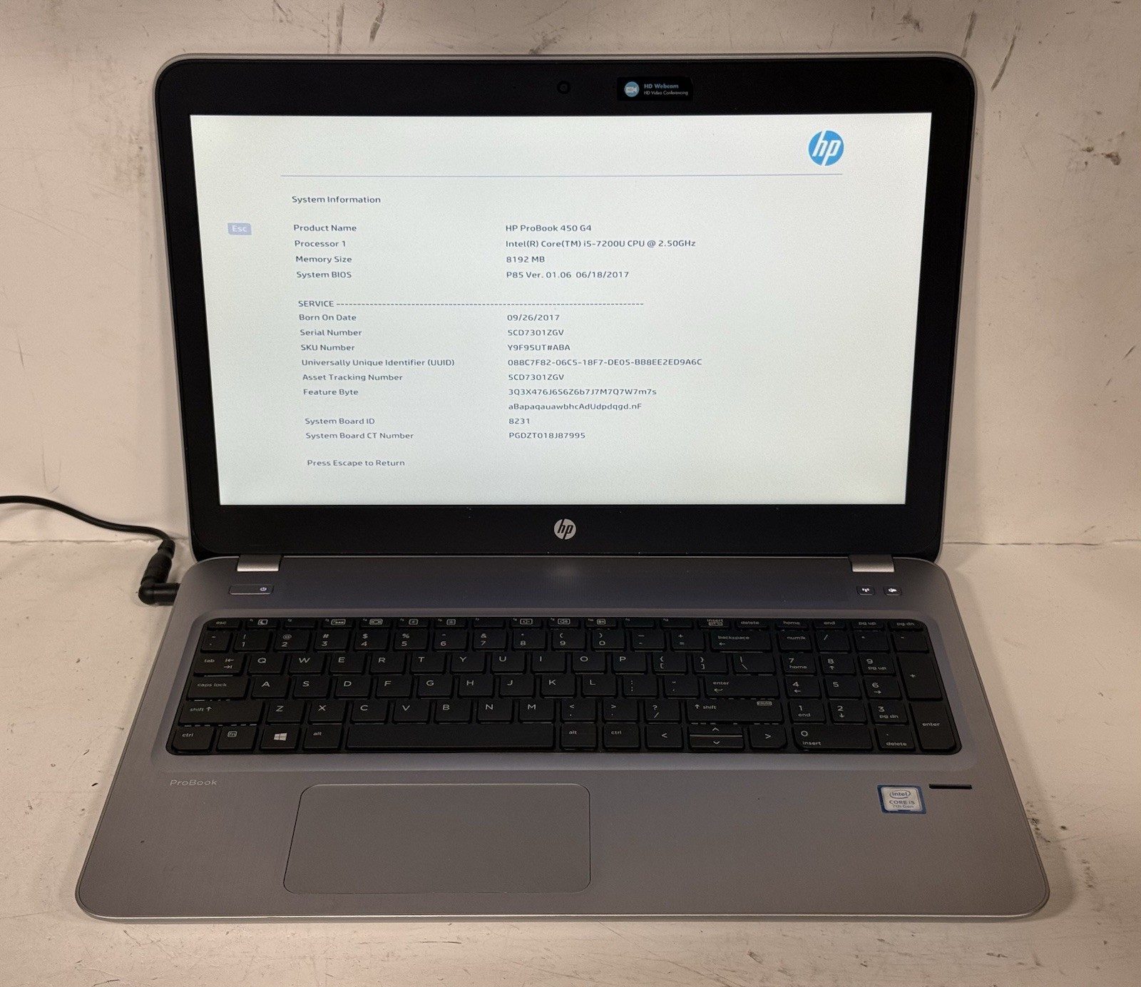 HP ProBook 450 G4 15.6″ i5-7200U 2.50 GHz 8GB RAM (NO SSD/AC) #0044
