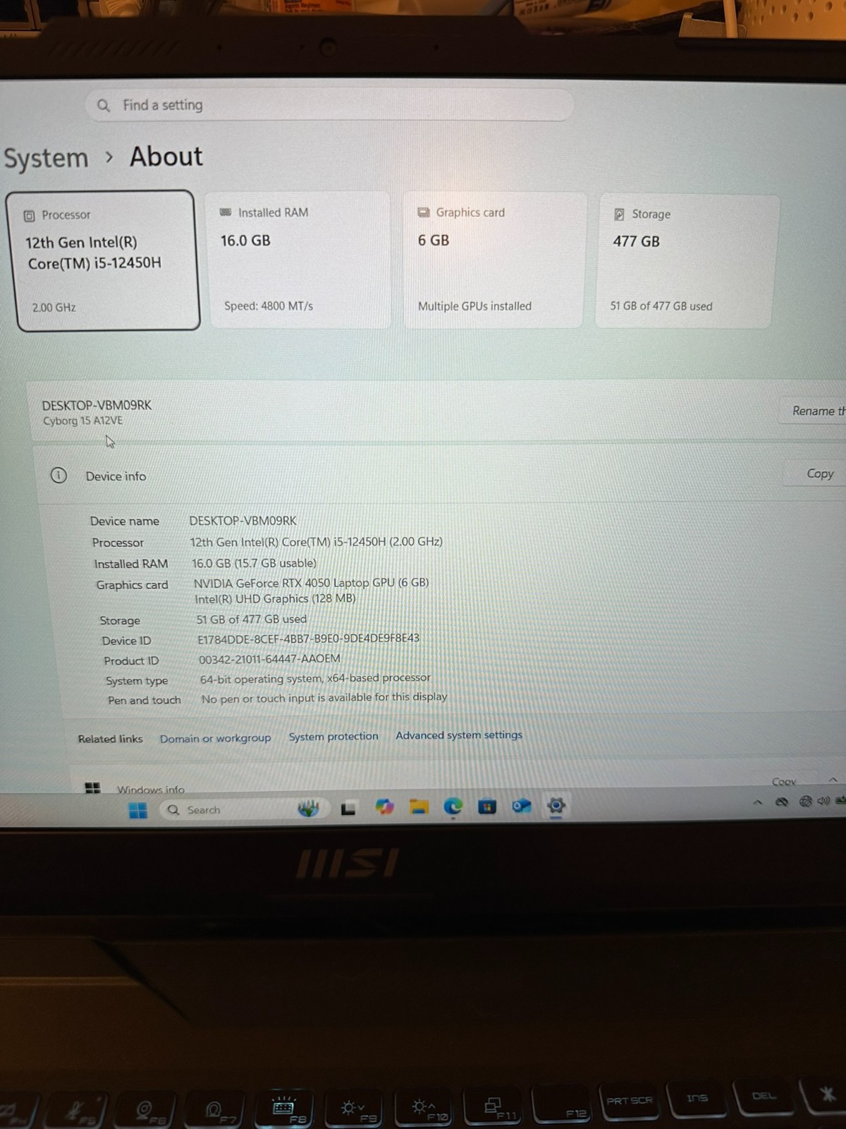 MSI Cyborg 15 A12V 15.6″ i5-12450H 16GB DDR5 RAM 512GB Nvme GeForce RTX 4050 6GB