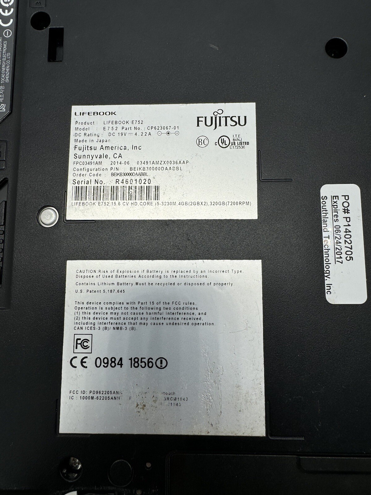 Fujitsu Lifebook E752 4GB W/ Bluetooth, DVD Writer, Tested, No Operating System