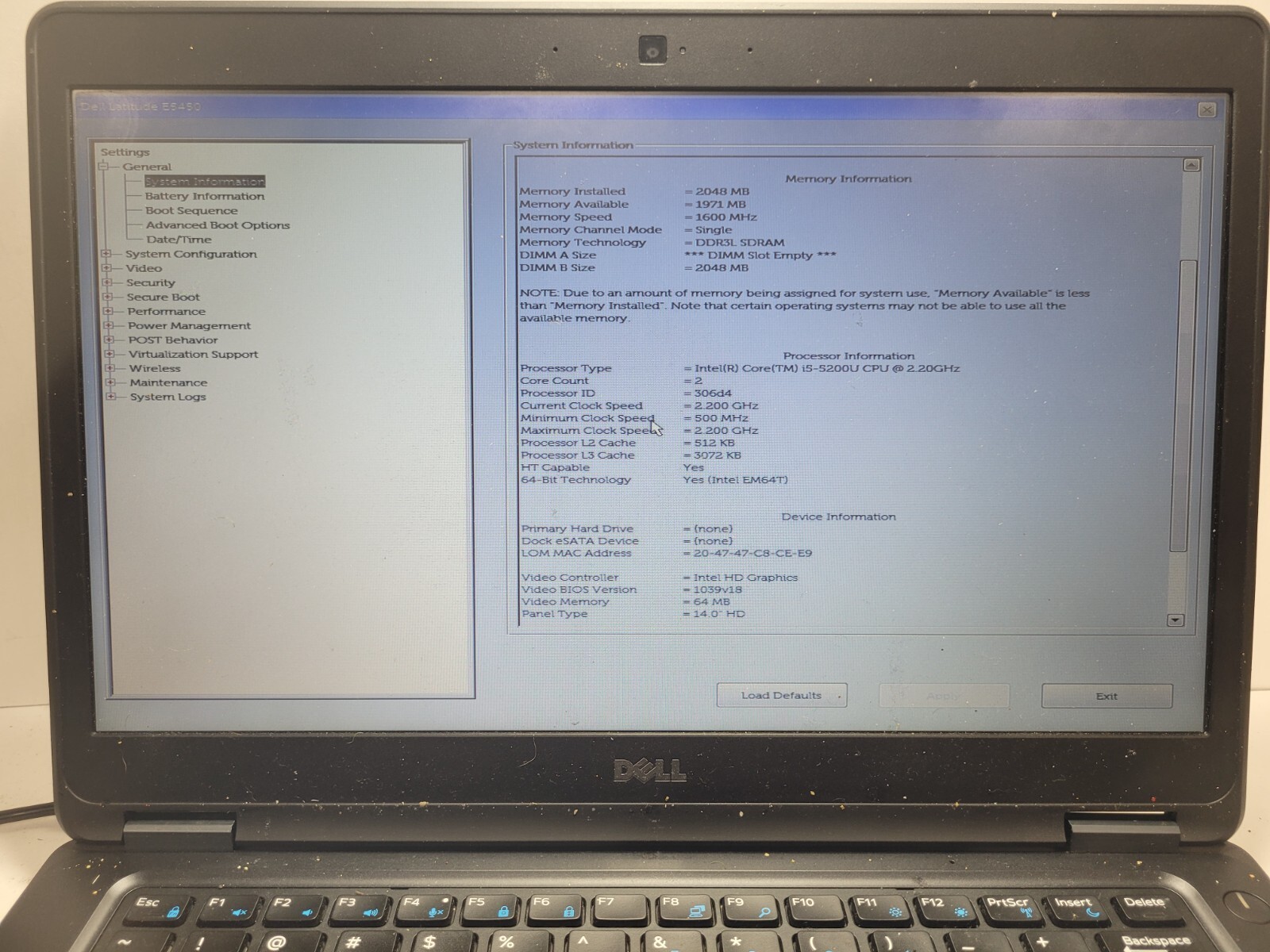 DELL LATITUDE E5450 w/i5-5200U, 2GB RAM Laptop for Parts/Repair #0143
