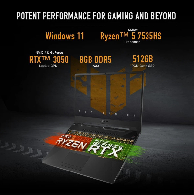 ASUS TUF A15 Gaming Laptop Ryzen 5 7535HS RTX 3050 8GB RAM 512GB SSD in BLACK