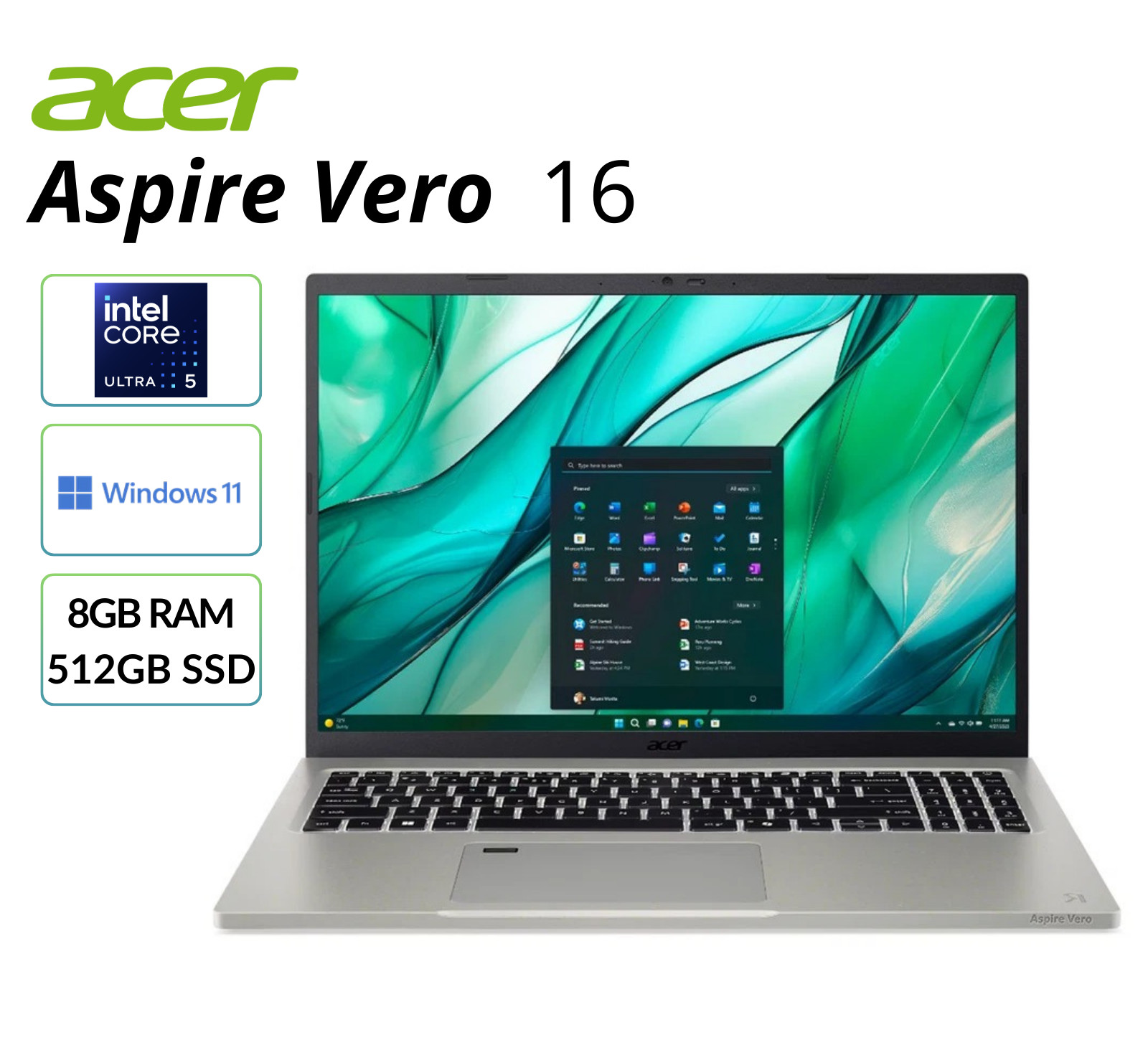 Acer Aspire Vero 16in Laptop Intel 125U 8GB RAM 512GB SSD Certified Refurbished