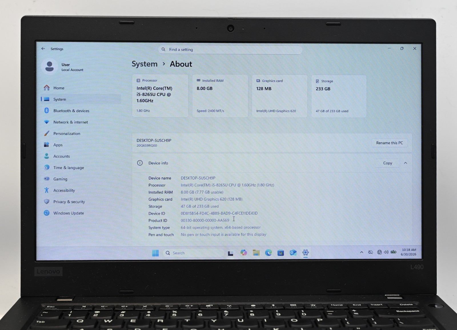 Lenovo Thinkpad L490 i5-8265u 1.6GHz 8GB RAM 256GB SSD – Windows 11 Pro