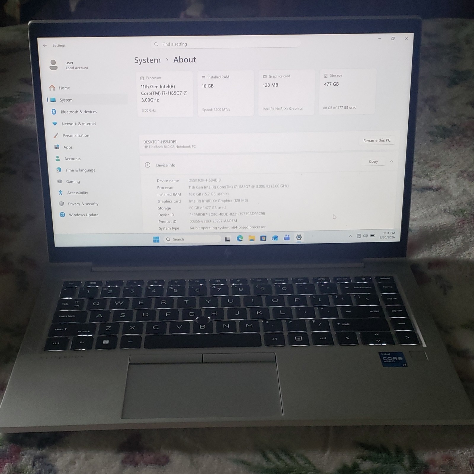 HP EliteBook 840 G8 14″ i7-1185G7 16GB RAM 477GB SSD Win 11 Silver