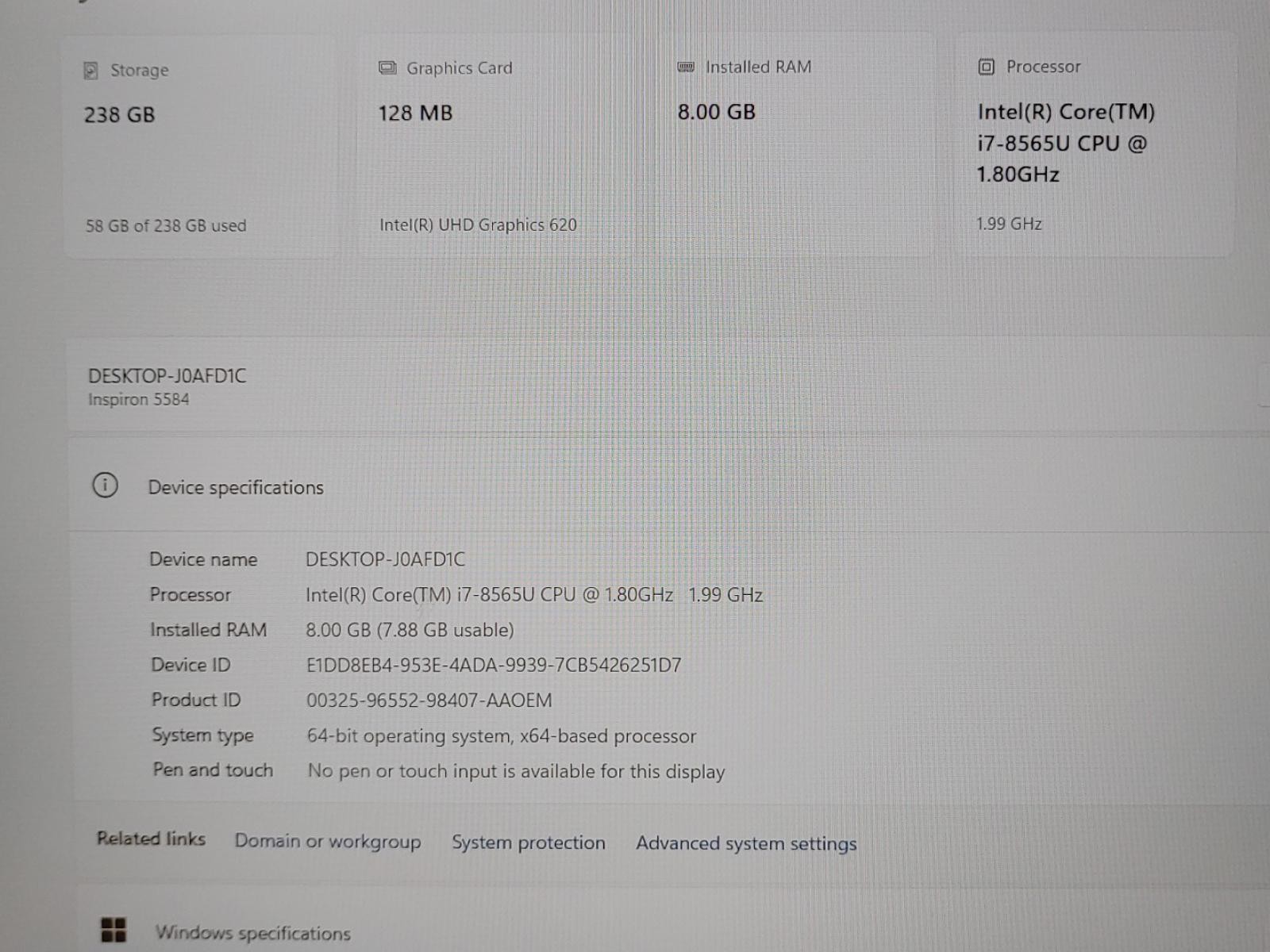 Dell Inspiron 15 5584 15.6″ Intel i7-8565U 8GB 256GB NVMe SSD Win11Home *NO A/C*