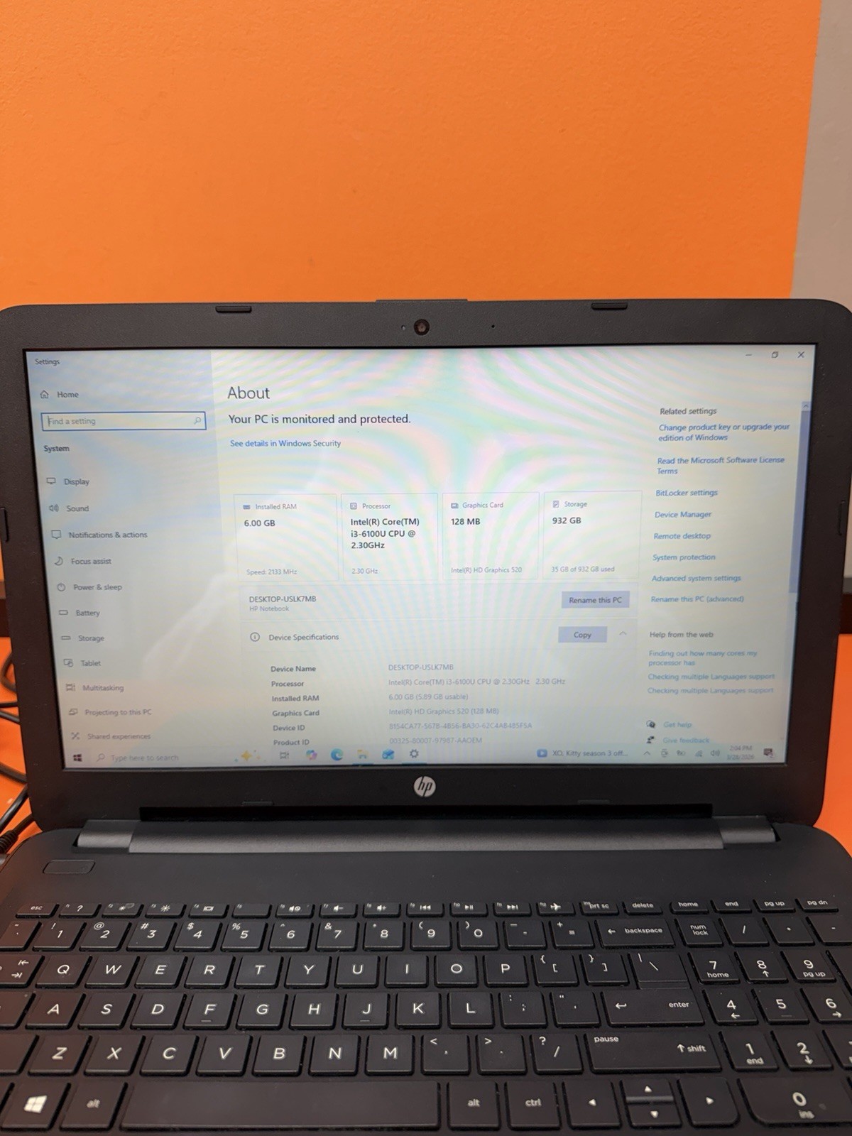 HP Touch Screen Laptop PC Intel I3-6100u CPU 1tb HDD 6gb RAM Model# 15-ay009dx