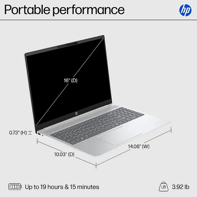 HP 16″ 2K Laptop, Intel Core Ultra 7 255U, 16GB RAM, 1TB SSD, Backlit, 19 Hours