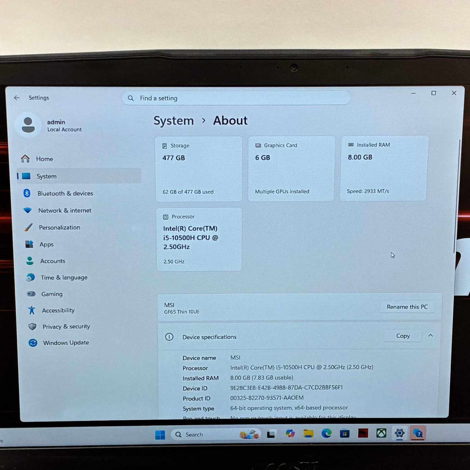 MSI Thin GF65 MS-16W2 15.6″ i5-10500H 2.5GHz 8GB RAM 512GB SSD RTX 3060 READ