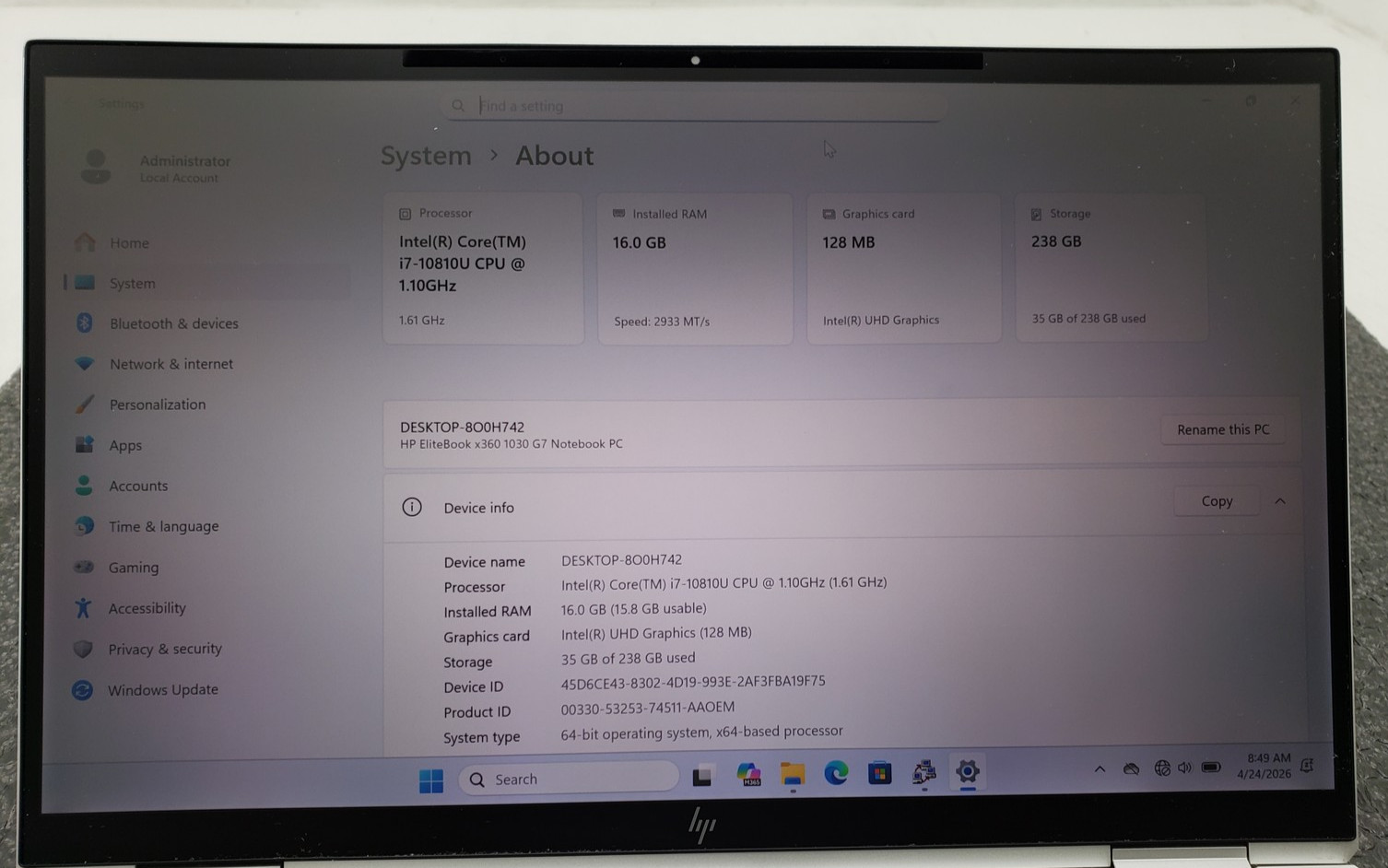 HP EliteBook x360 1030 G7 Laptop, i7 10th 16GB 256GB, Fingerprint Backlit Win 11