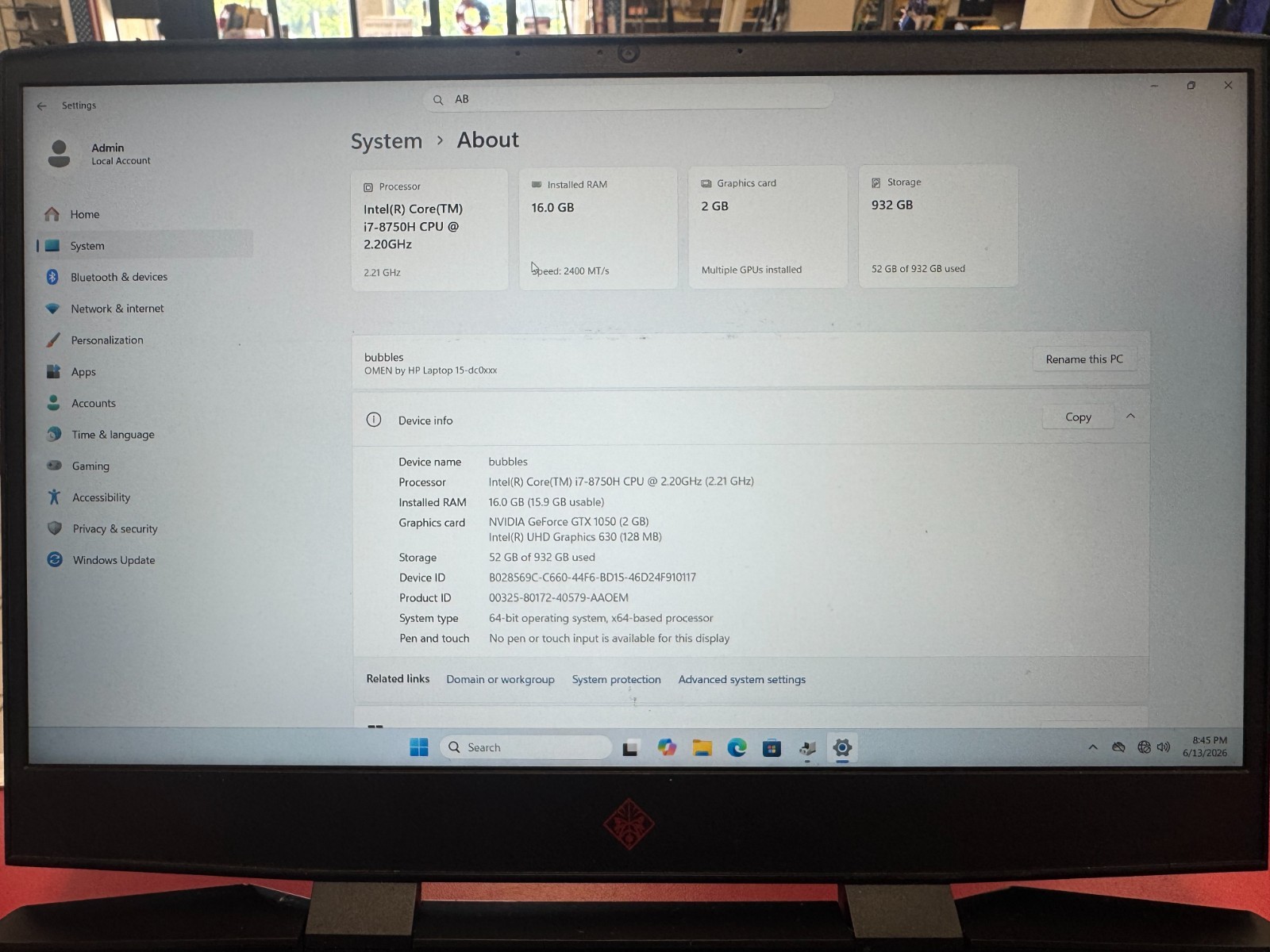 HP Omen 15.6 inch (1TB, Intel Core i7 8th Gen. 2.20GHz, 16GB)…