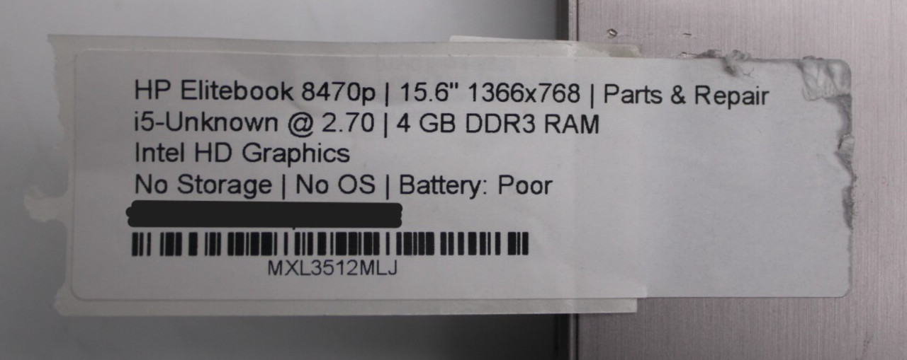 HP EliteBook 8470p i5 series@2.7GHz 4GB RAM NO Storage/OS *PARTS/REPAIR*READ*
