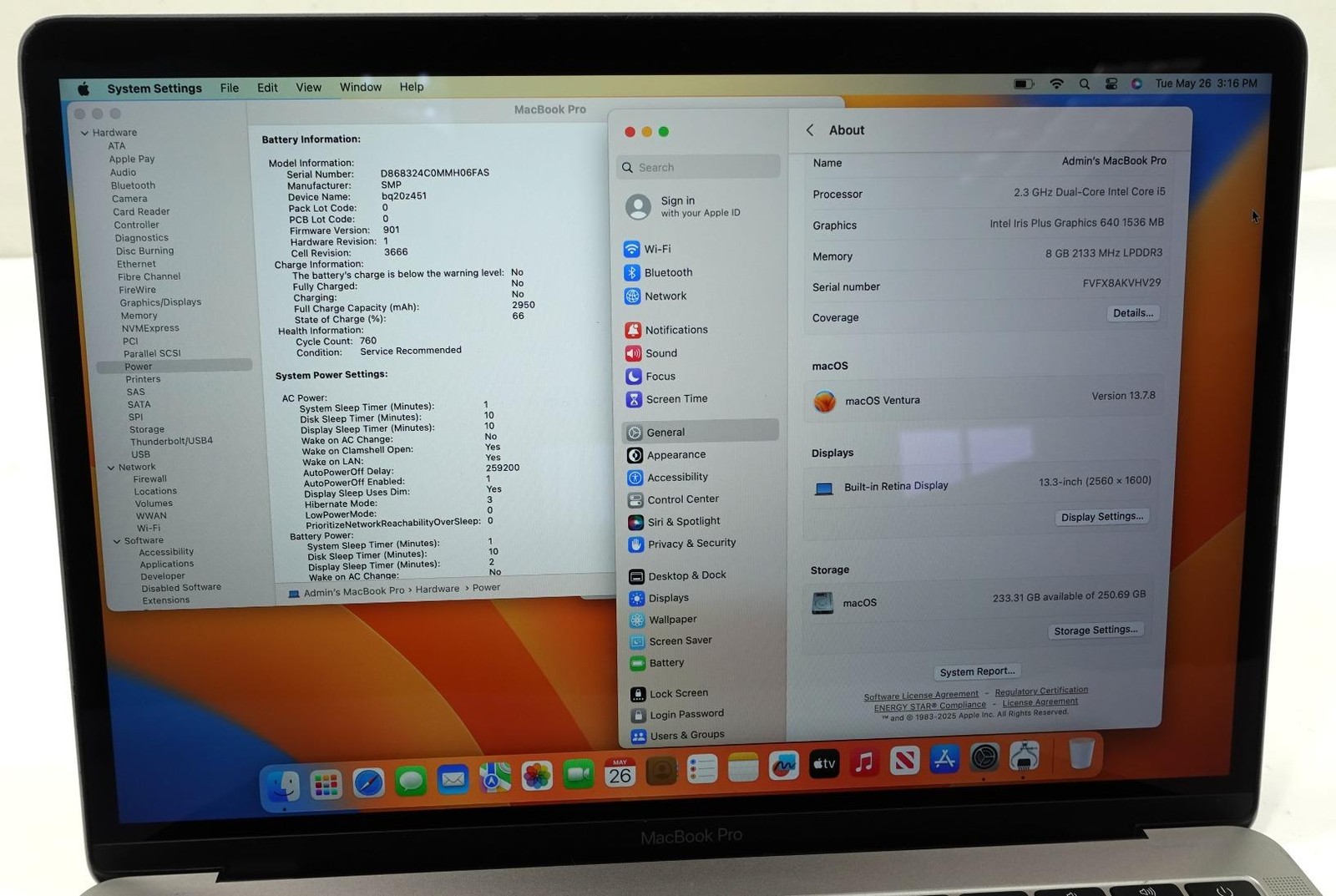 Apple MacBook Pro 2017 A1708 13.3″ i5-7360U 2.3GHz 8GB 256GB Laptop Ventura