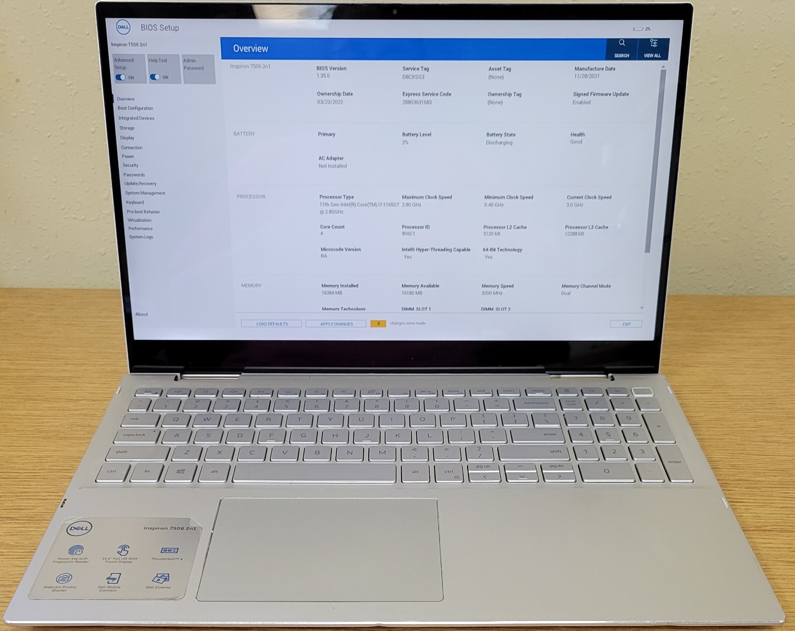 Dell Inspiron 7506 2-in-1 i7-1165G7 2.80GHz 16GB 256GB NVMe No OS “B” GRADE