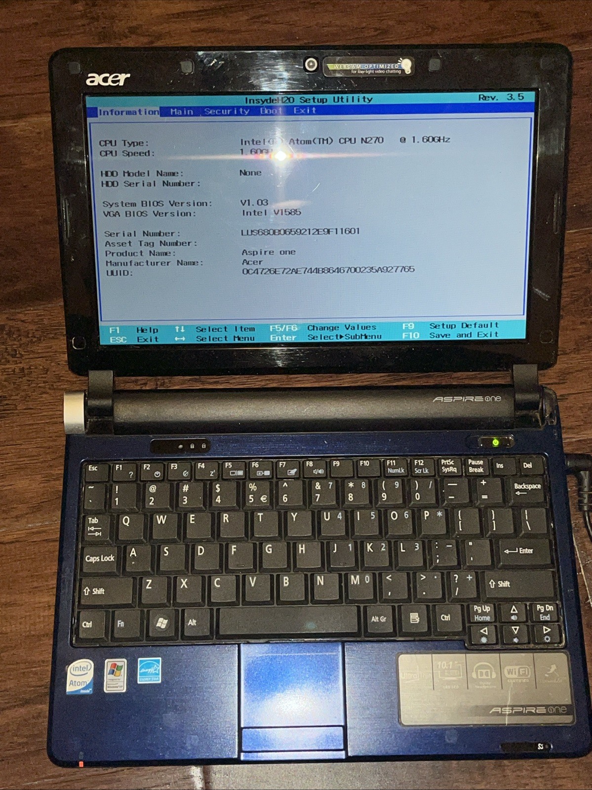 Acer Aspire One, KAV60, Intel Atom N270 1.6GHz, 1GB RAM NO HARD DRIVE